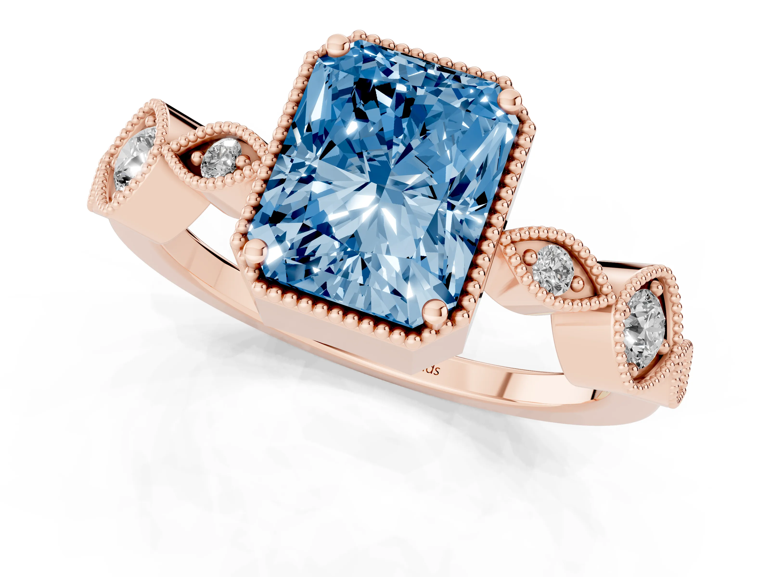 Fancy Blue Radiant Cut Diamond Vintage-Inspired Milgrain Ring Set in Rose gold with Marquise Stations of Round Accents