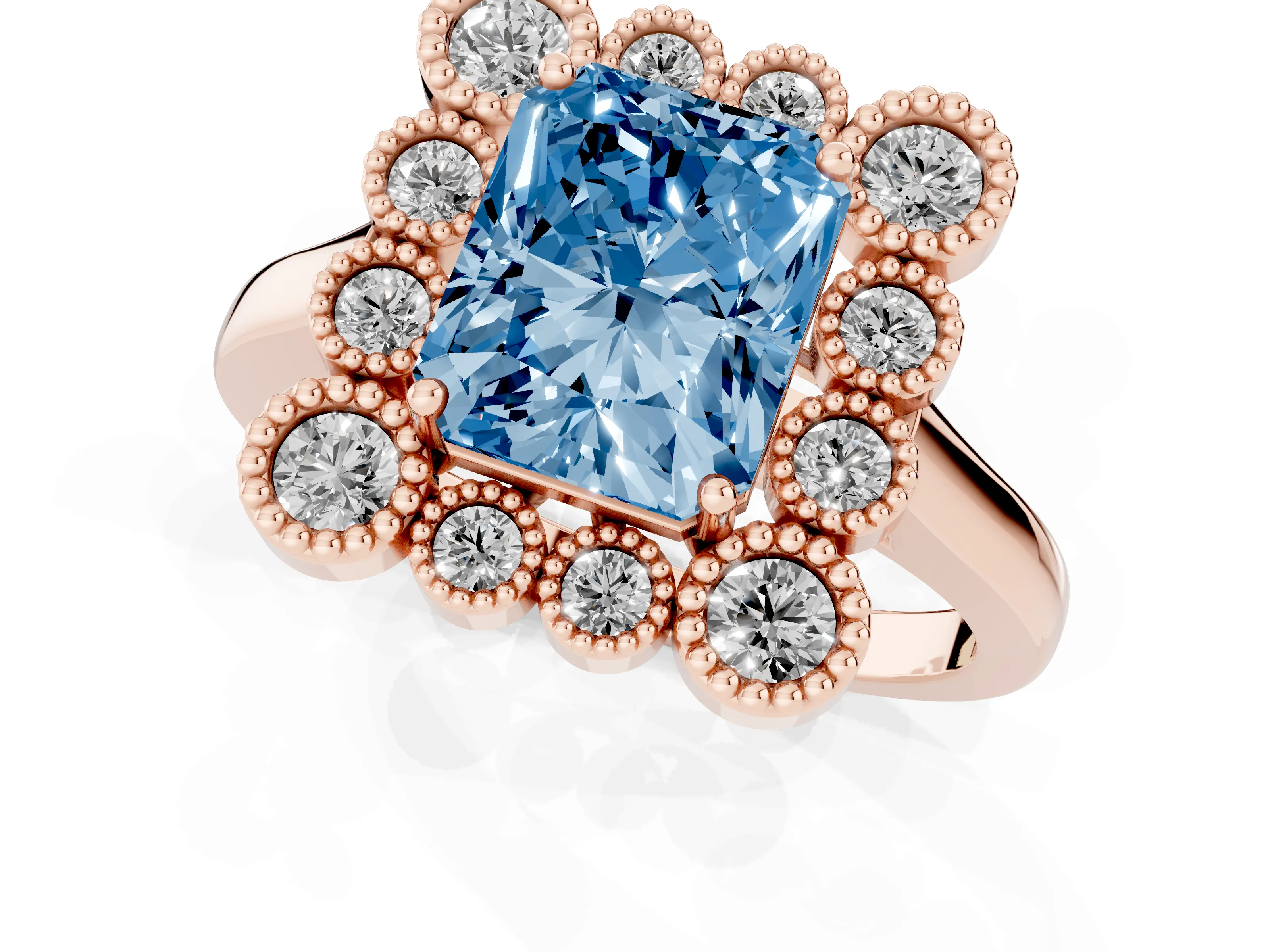 Fancy Blue Radiant Cut Diamond Cluster Halo Ring Set in Rose gold with Milgrain Bezel Accents and Plain Band