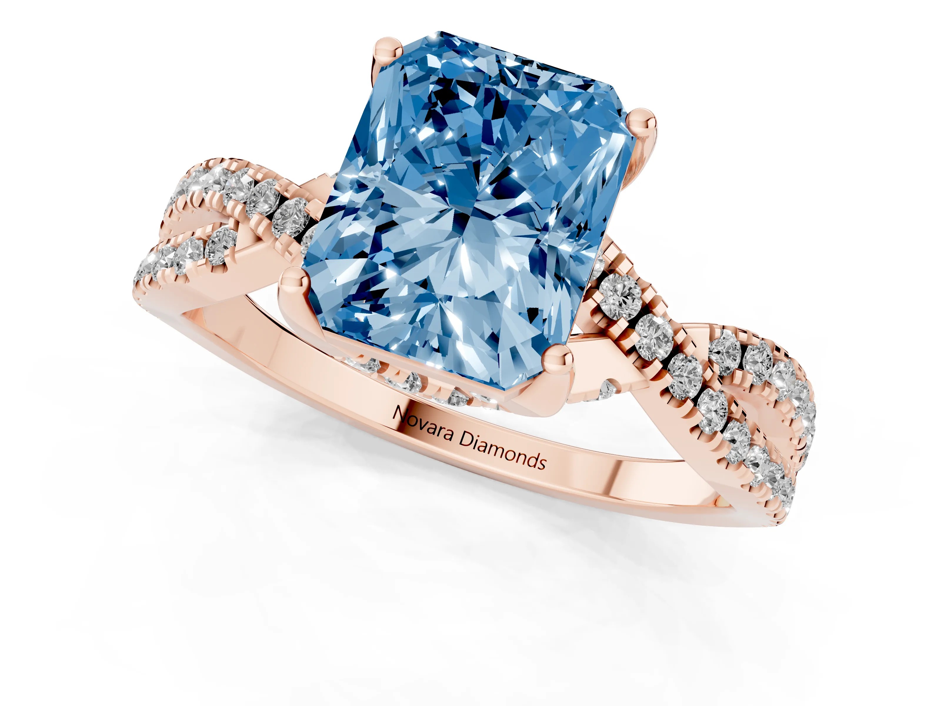 Fancy Blue Radiant Cut Diamond Twist Pavé Solitaire Engagement Ring Set in Rose gold with Prong Setting