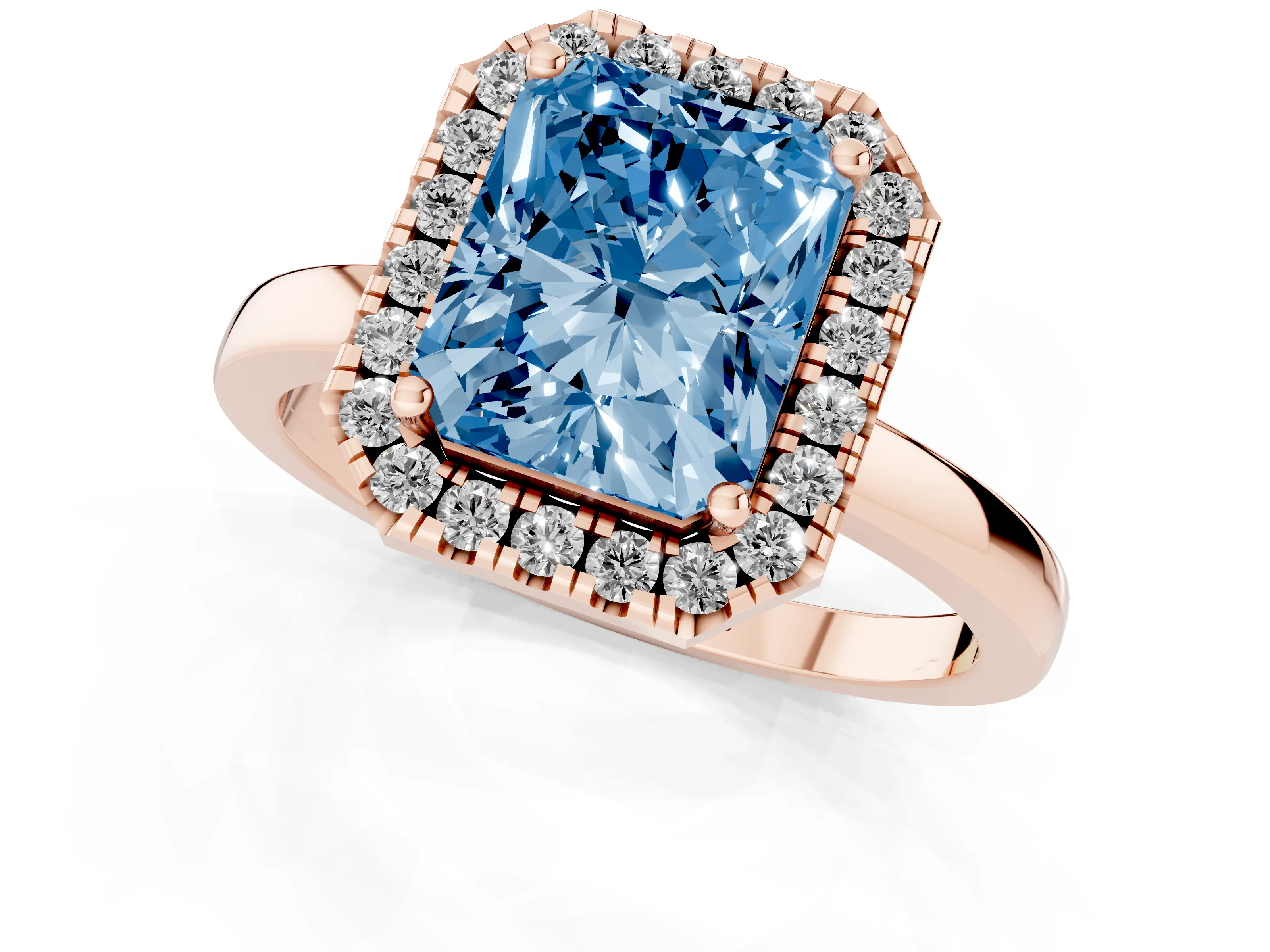 Fancy Blue Radiant Cut Diamond Halo Solitaire Ring Set in Rose gold with Pavé Band and Prong Setting