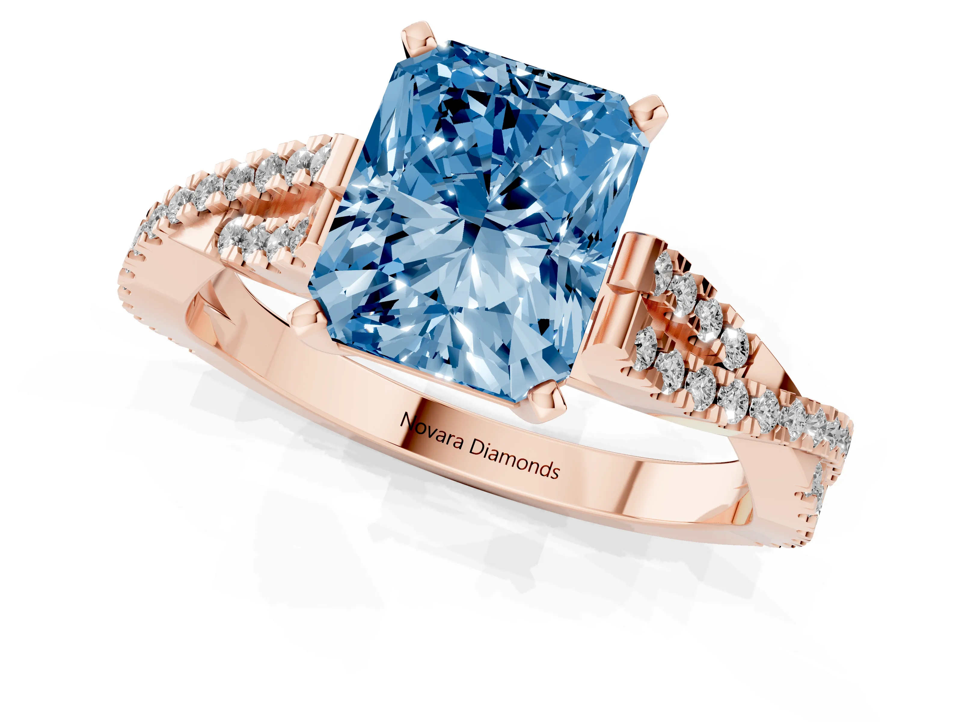 Fancy Blue Radiant Cut Diamond Solitaire Engagement Ring Set in Rose gold with Twisted Pavé Band and Prong Setting