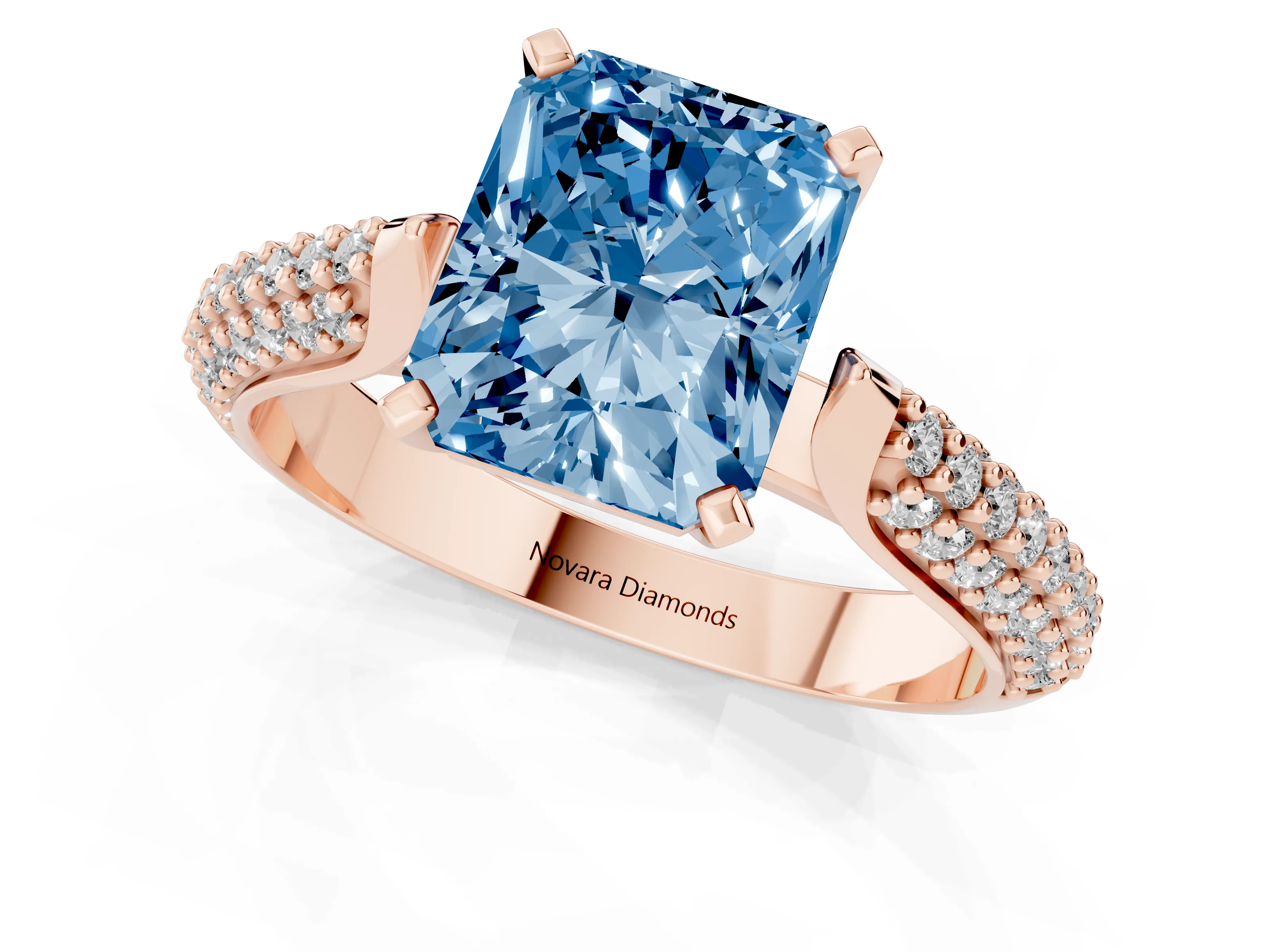 Fancy Blue Radiant Cut Diamond Solitaire Engagement Ring Set in Rose gold with Multi-Row Round Pavé Band and Prong Setting