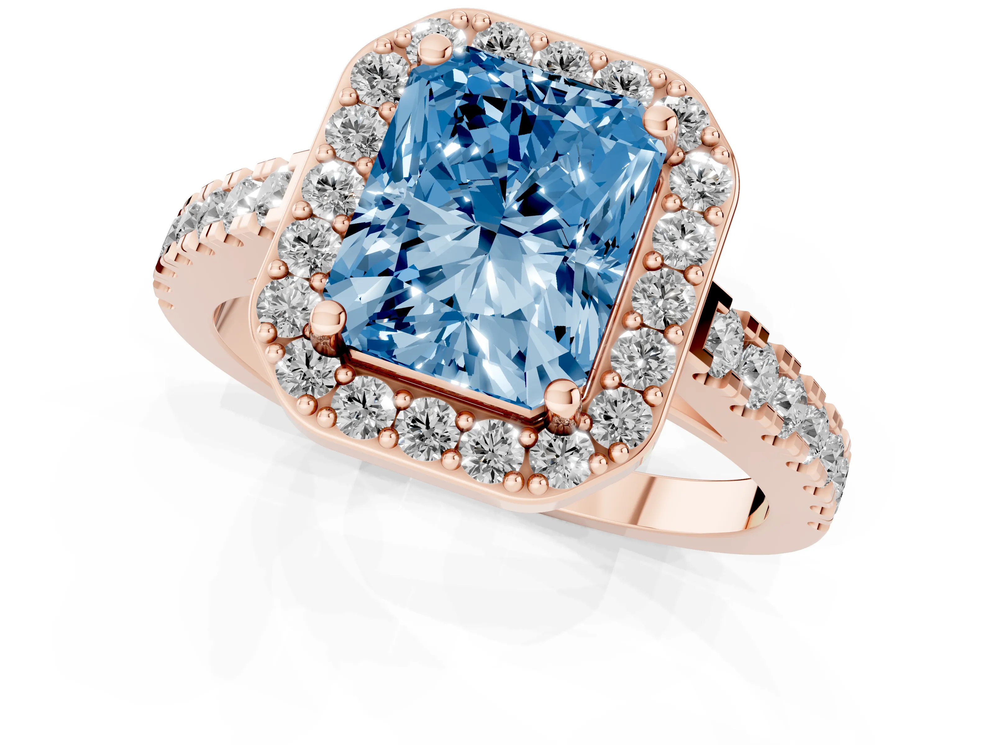 Fancy Blue Radiant Cut Diamond Halo Ring Set in Rose gold with Round Pavé Split Shank and Prong Setting