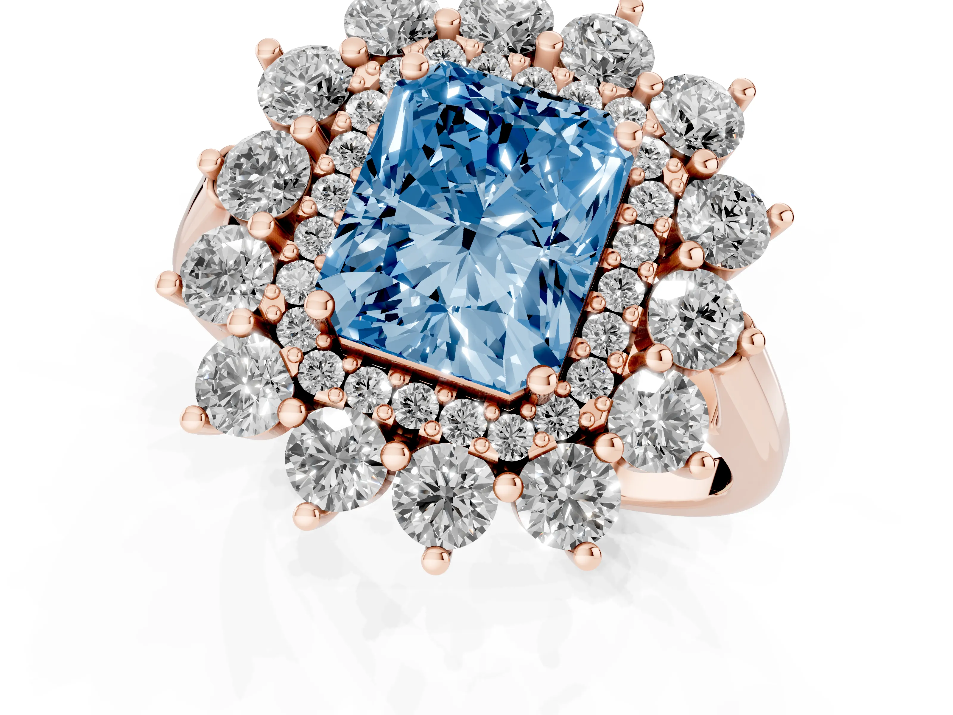 Fancy Blue Radiant Cut Diamond Floral Double Halo Ring Set in Rose gold with Round Petals