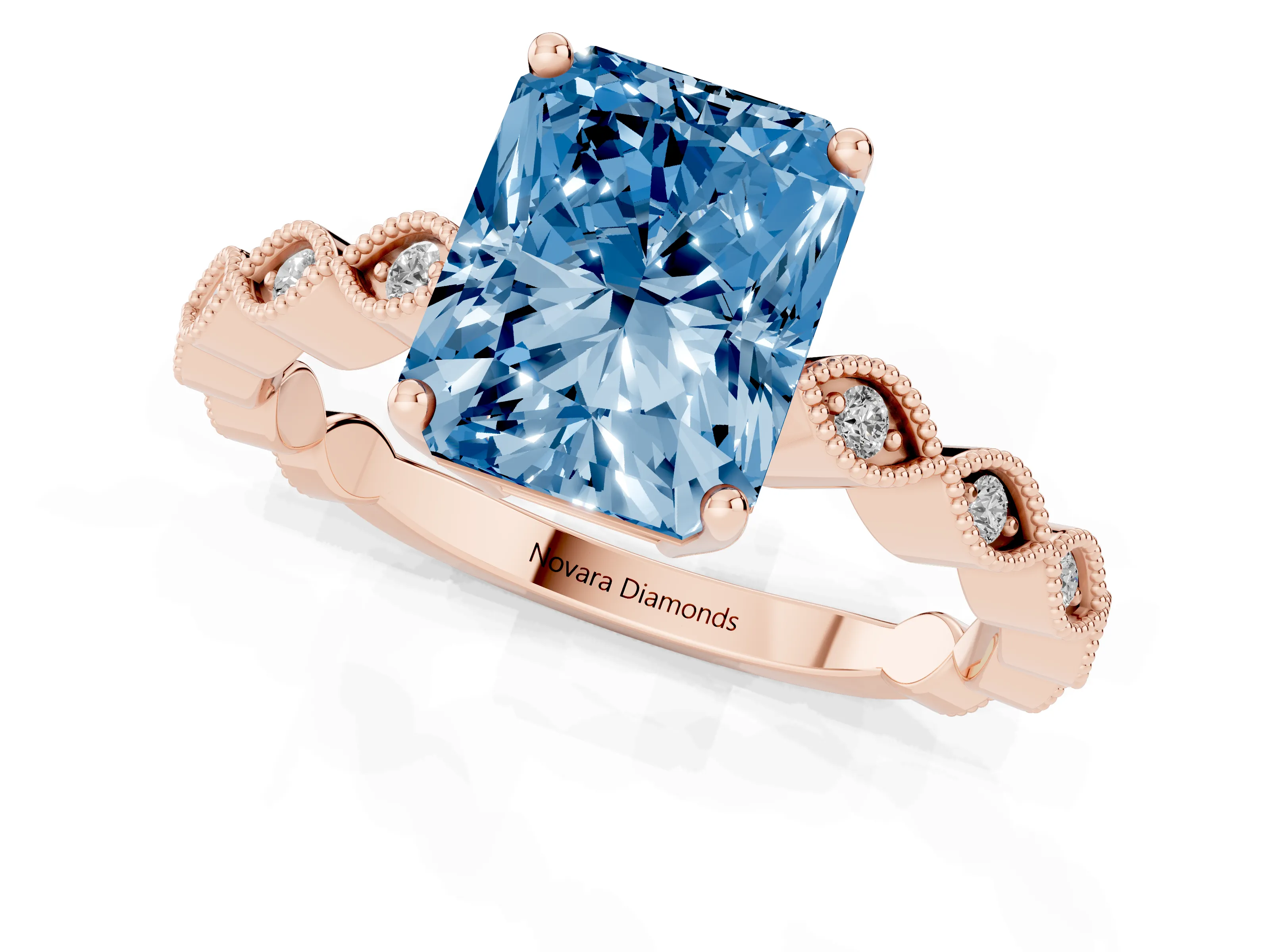 Fancy Blue Radiant Cut Diamond Solitaire Ring Set in Rose gold with Infinity Twist Pavé Band