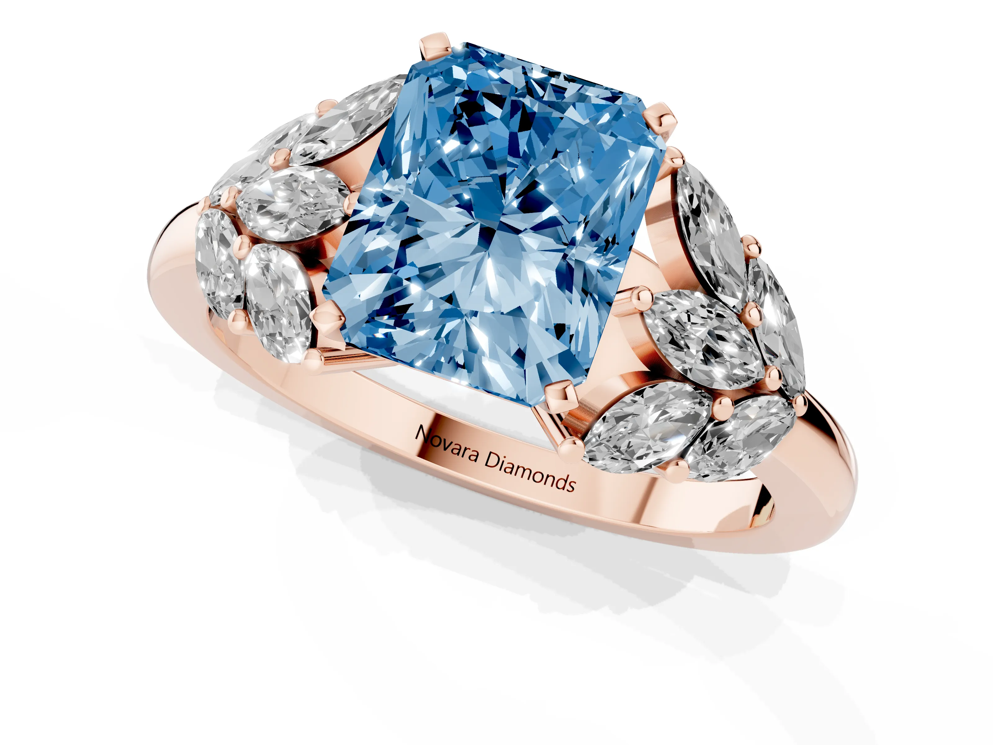 Fancy Blue Radiant Cut Diamond Cluster Leaf Design Ring Set in Rose gold with Prong Setting