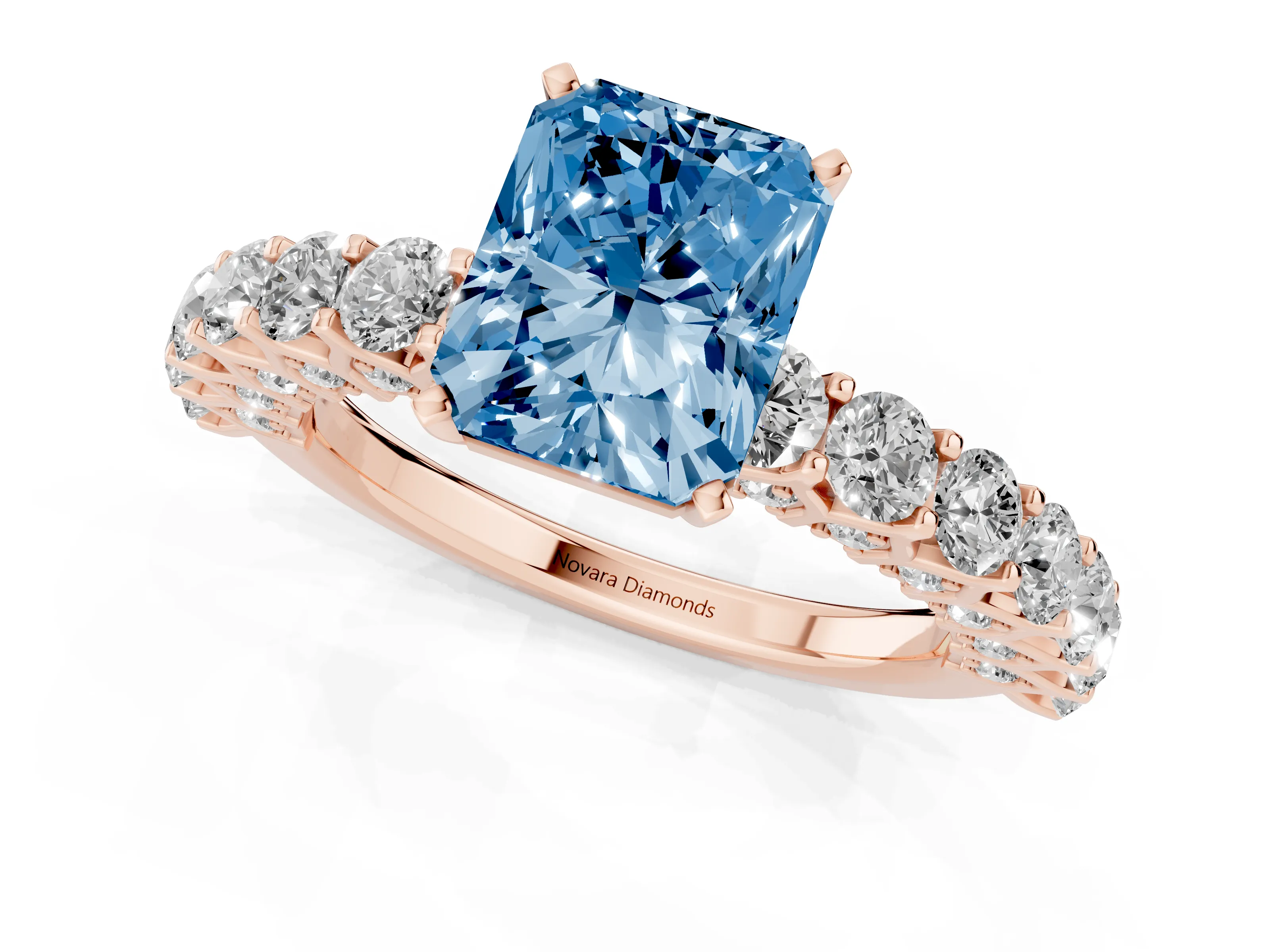 Fancy Blue Radiant Cut Diamond Solitaire Ring Set in Rose gold with Shared Prong Pavé Band