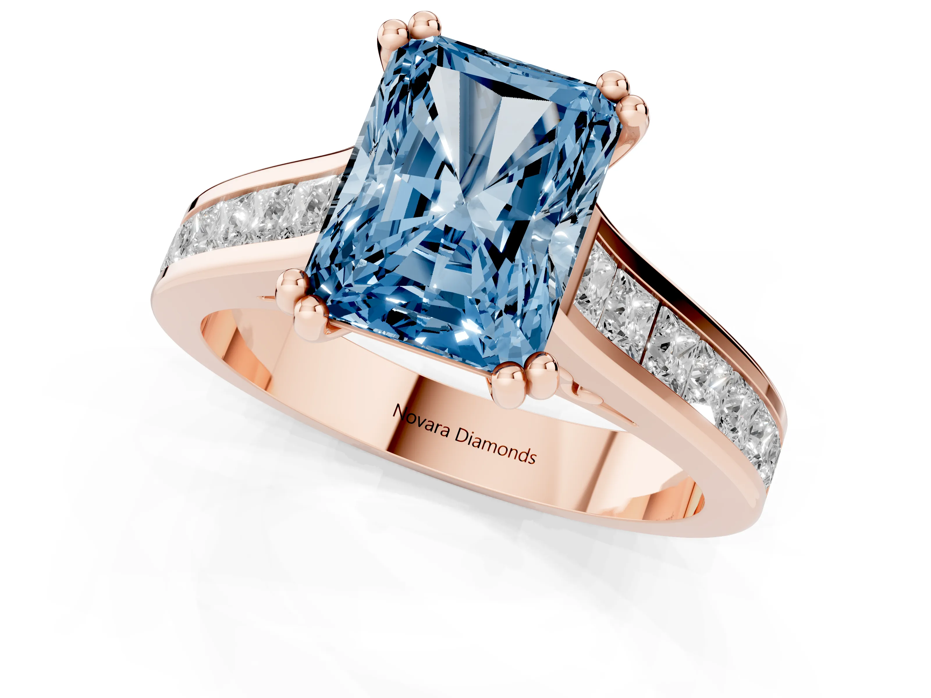 Fancy Blue Radiant Cut Diamond Channel Set Solitaire Engagement Ring Set in Rose gold with Prong Setting