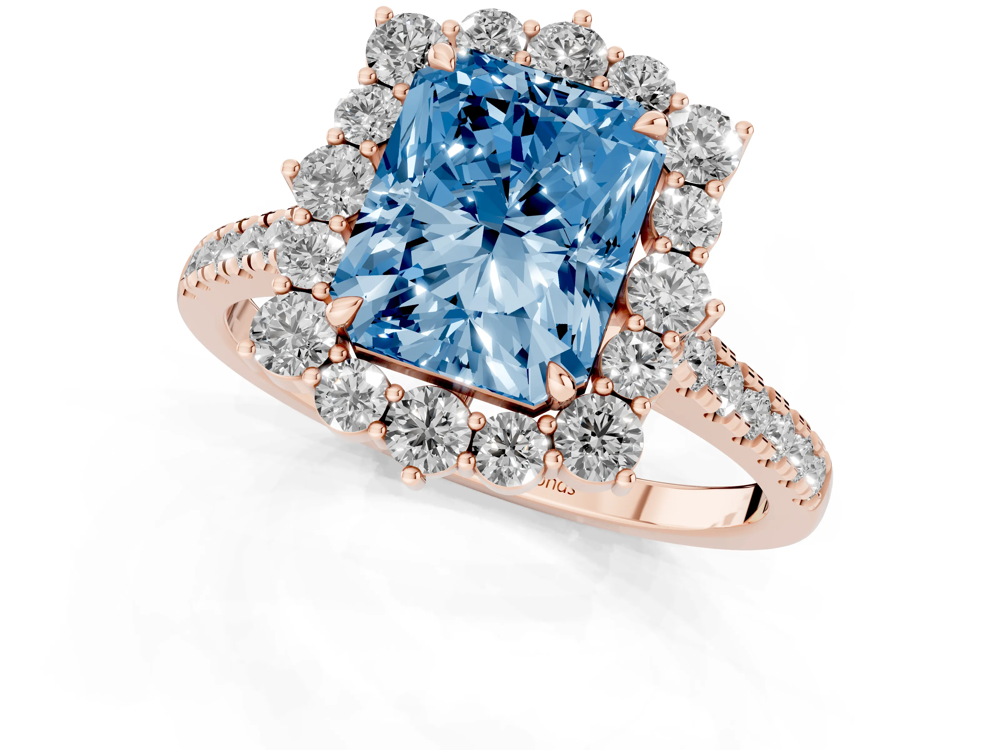 Fancy Blue Radiant Cut Diamond Halo Ring Set in Rose gold with Pavé Band and Prong Setting