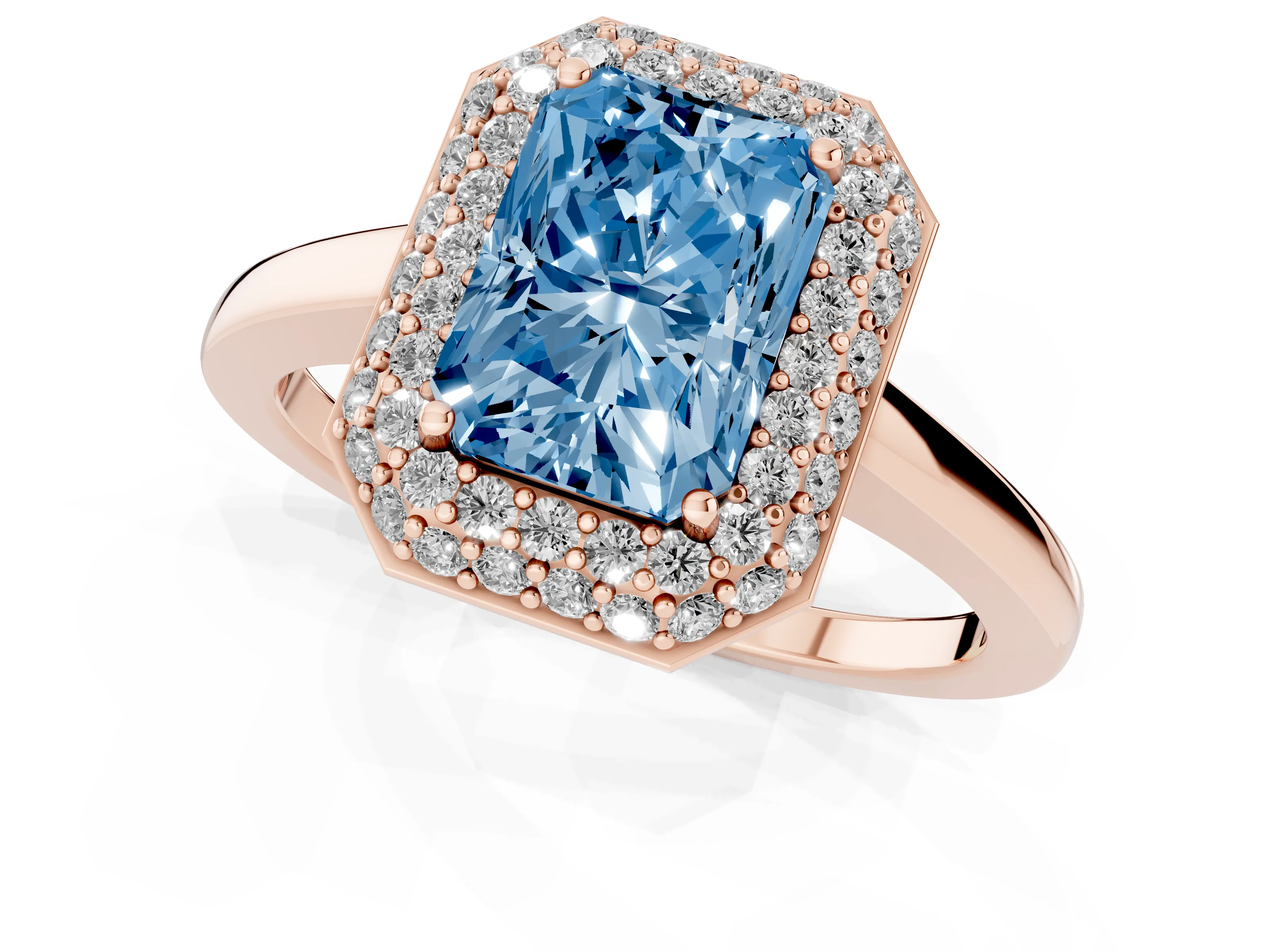 Fancy Blue Radiant Cut Diamond Halo Engagement Ring Set in Rose gold with Solitaire Band and Prong Setting