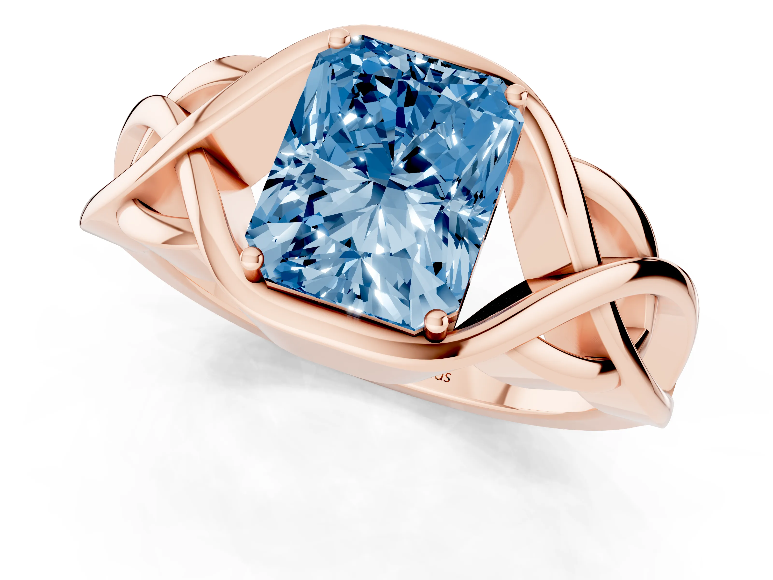 Fancy Blue Radiant Cut Diamond Solitaire Ring Set in Rose gold with Intertwined Band