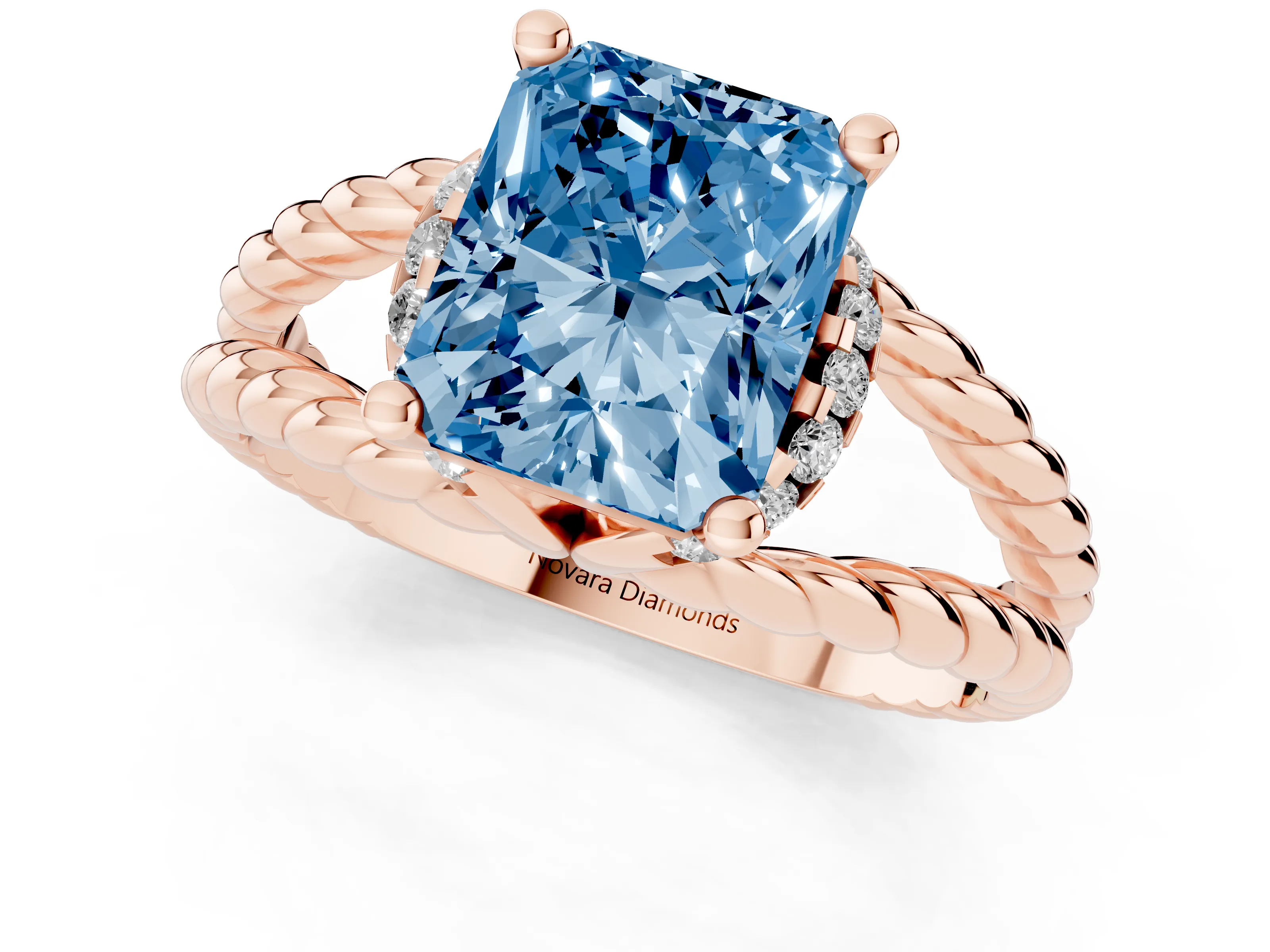 Fancy Blue Radiant Cut Diamond Halo Ring Set in Rose gold with Twisted Band and Prong Setting