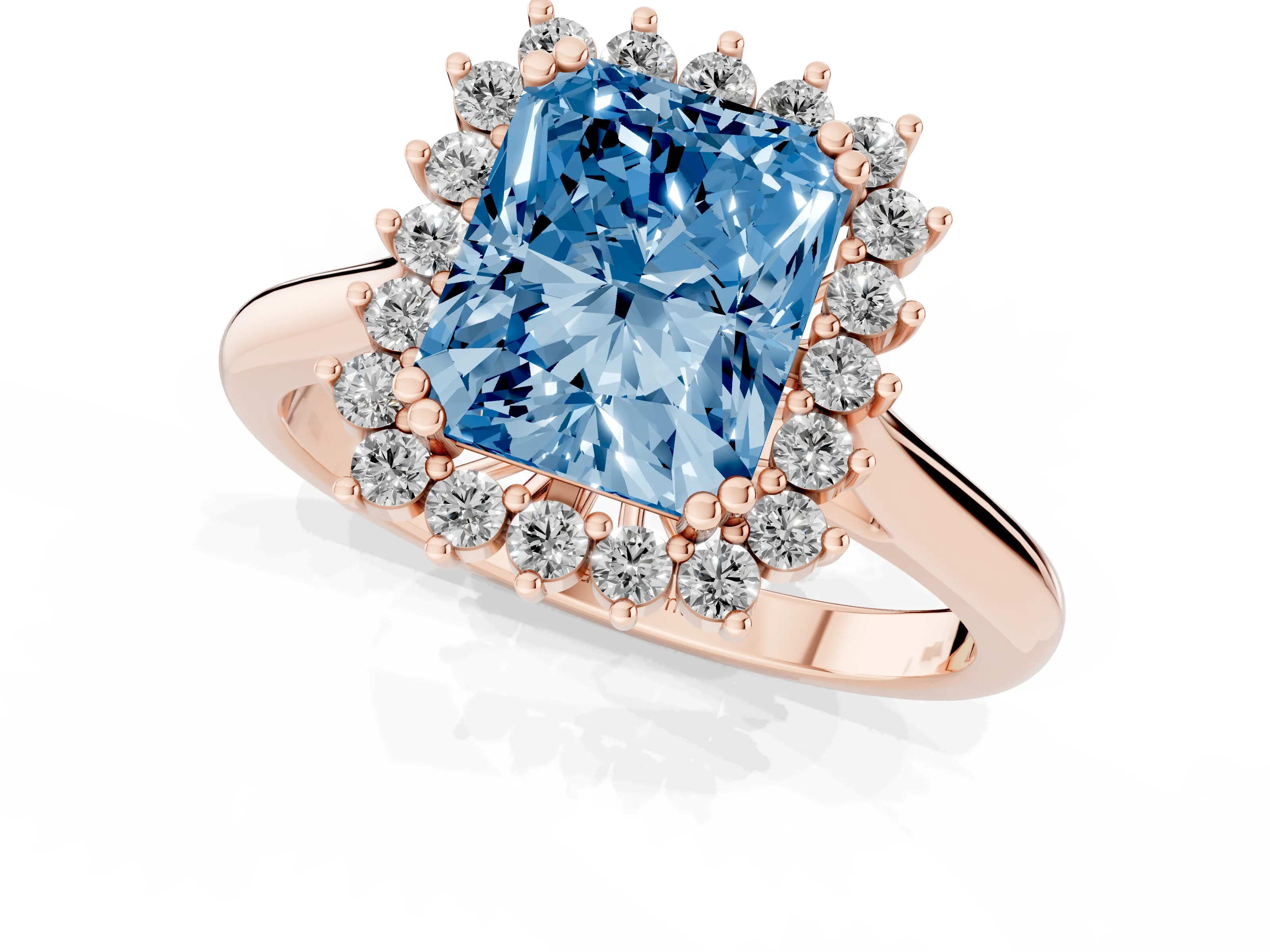 Fancy Blue Radiant Cut Diamond Halo Ring Set in Rose gold with Plain Solitaire Band and Prong Setting