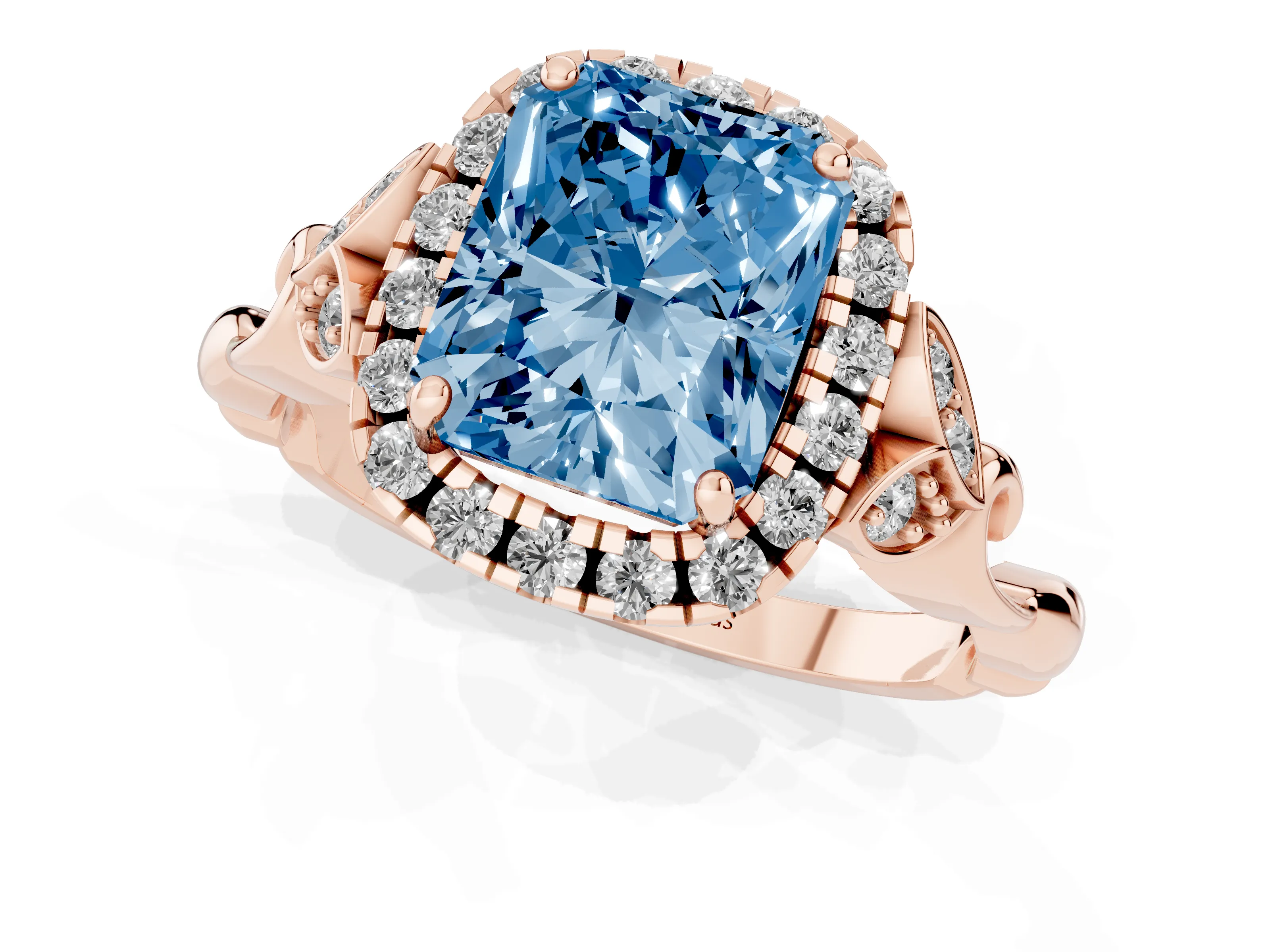 Fancy Blue Radiant Cut Diamond Halo Engagement Ring Set in Rose gold with Vintage-Inspired Band and Prong Setting