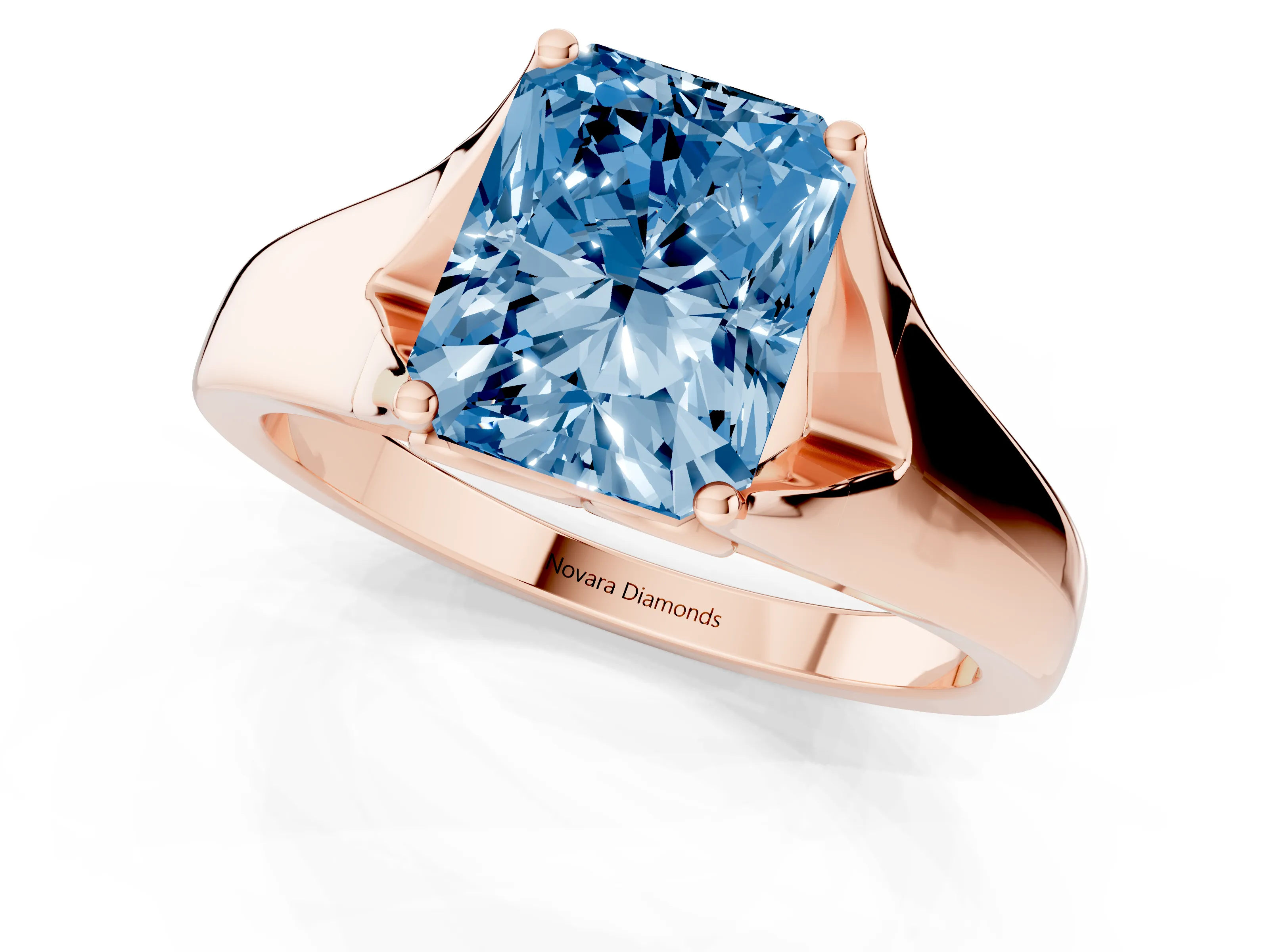 Fancy Blue Radiant Cut Diamond Solitaire Ring Set in Rose gold with Arched Cathedral Band and Prong Setting