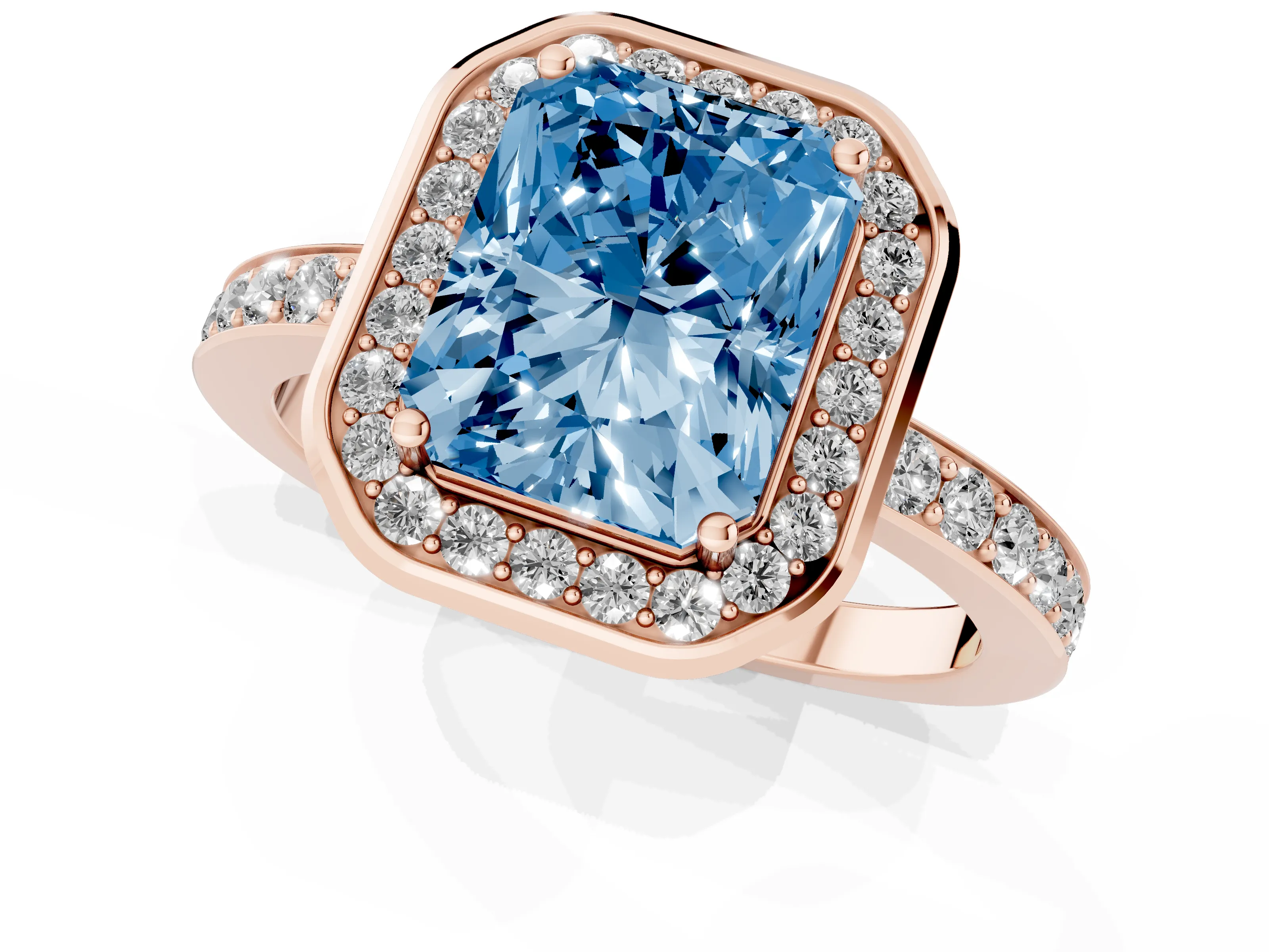 Fancy Blue Radiant Cut Diamond Halo Ring Set in Rose gold with Bezel Frame and Pavé Band