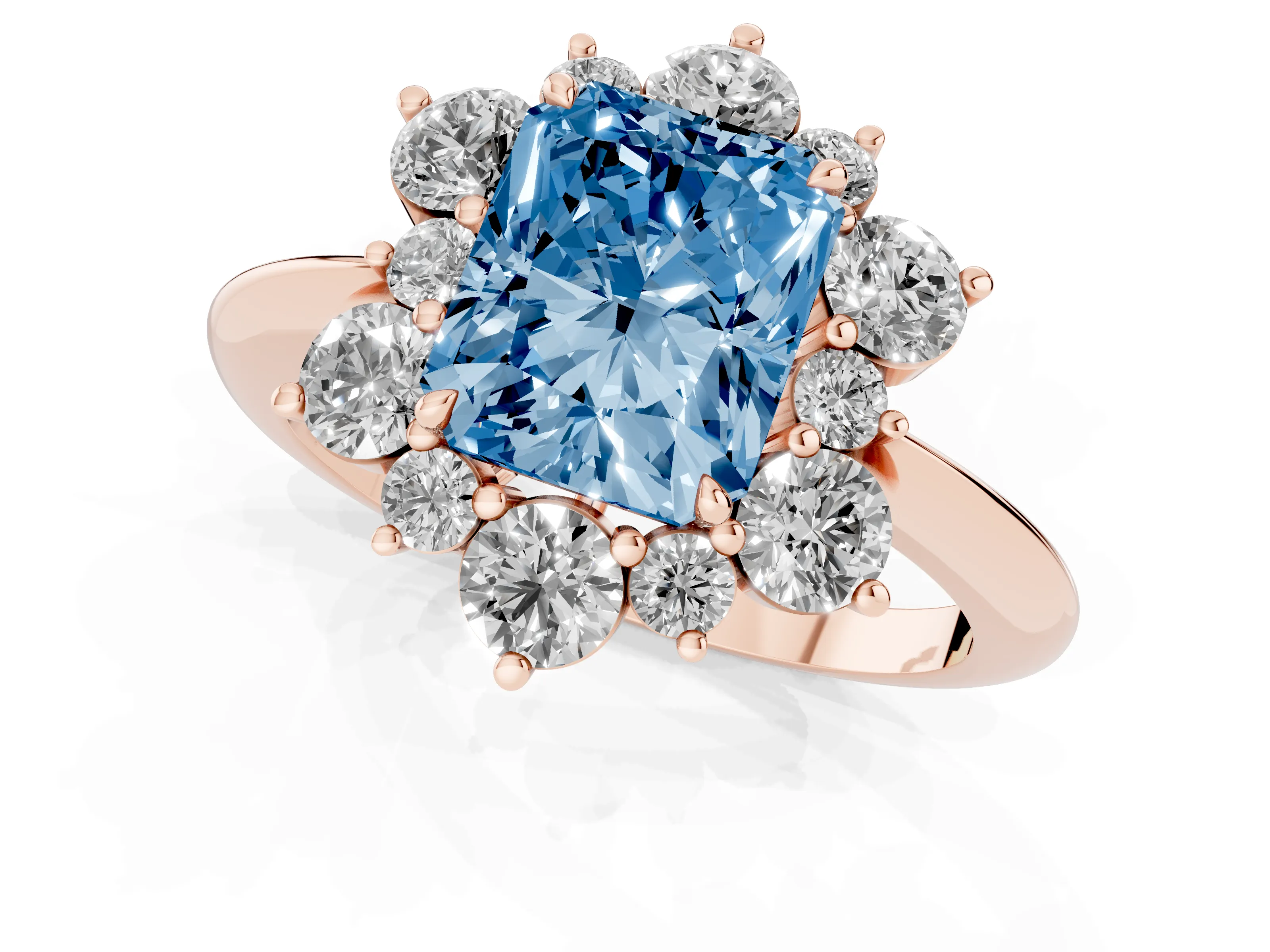 Fancy Blue Radiant Cut Diamond Cluster Halo Ring Set in Rose gold with Solitaire Band and Prong Setting