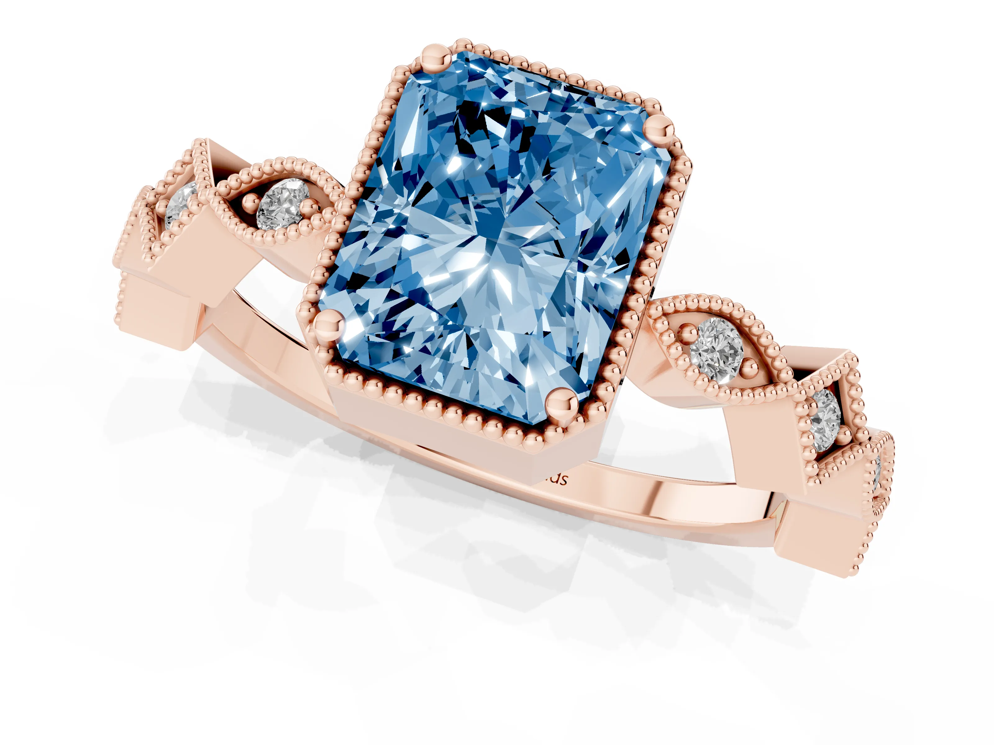 Fancy Blue Radiant Cut Diamond Milgrain Marquise Twist Band Ring Set in Rose gold with Prong Setting