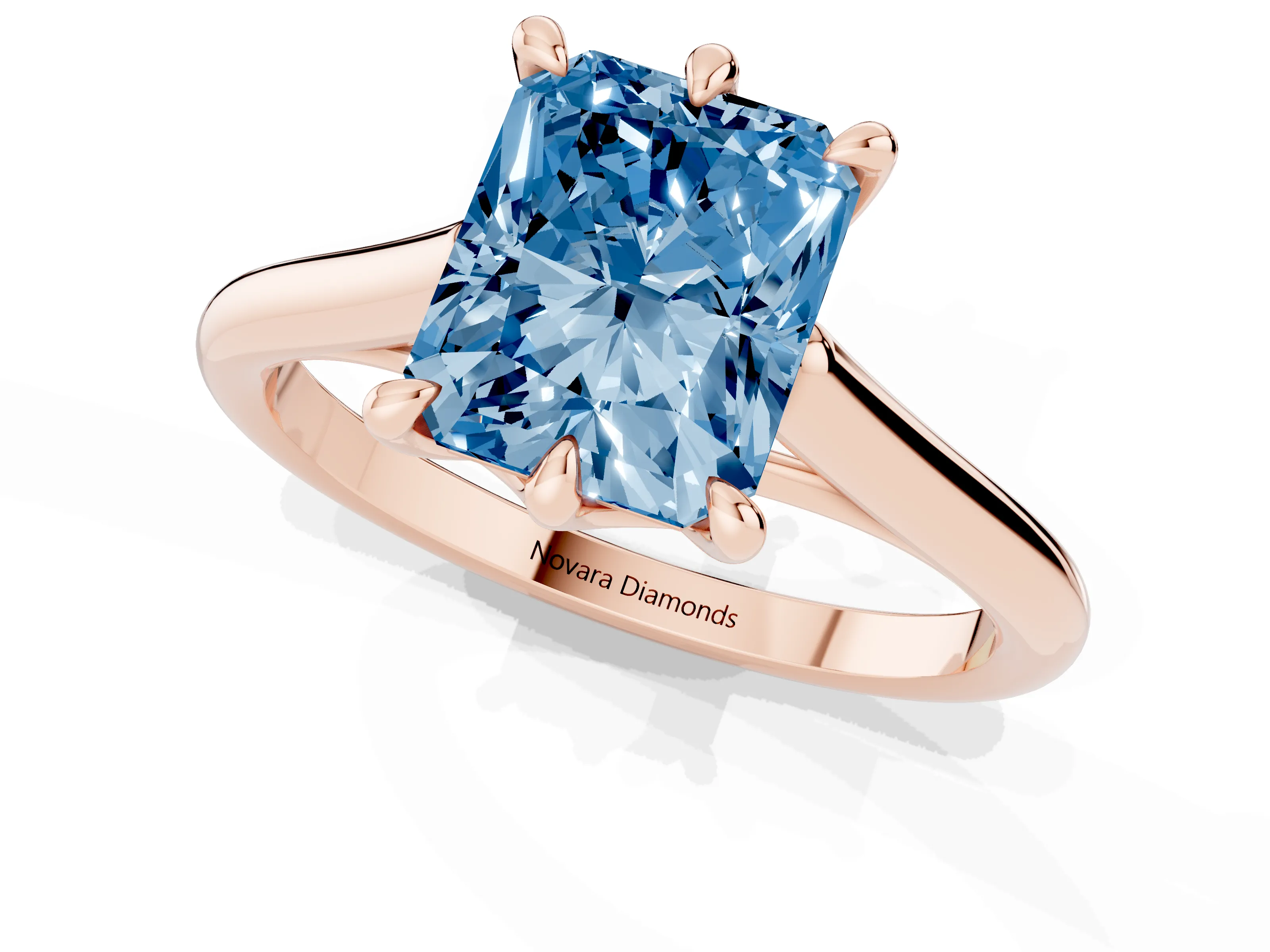 Fancy Blue Radiant Cut Diamond Solitaire Engagement Ring Set in Rose gold with Prong Setting and Plain Classic Band