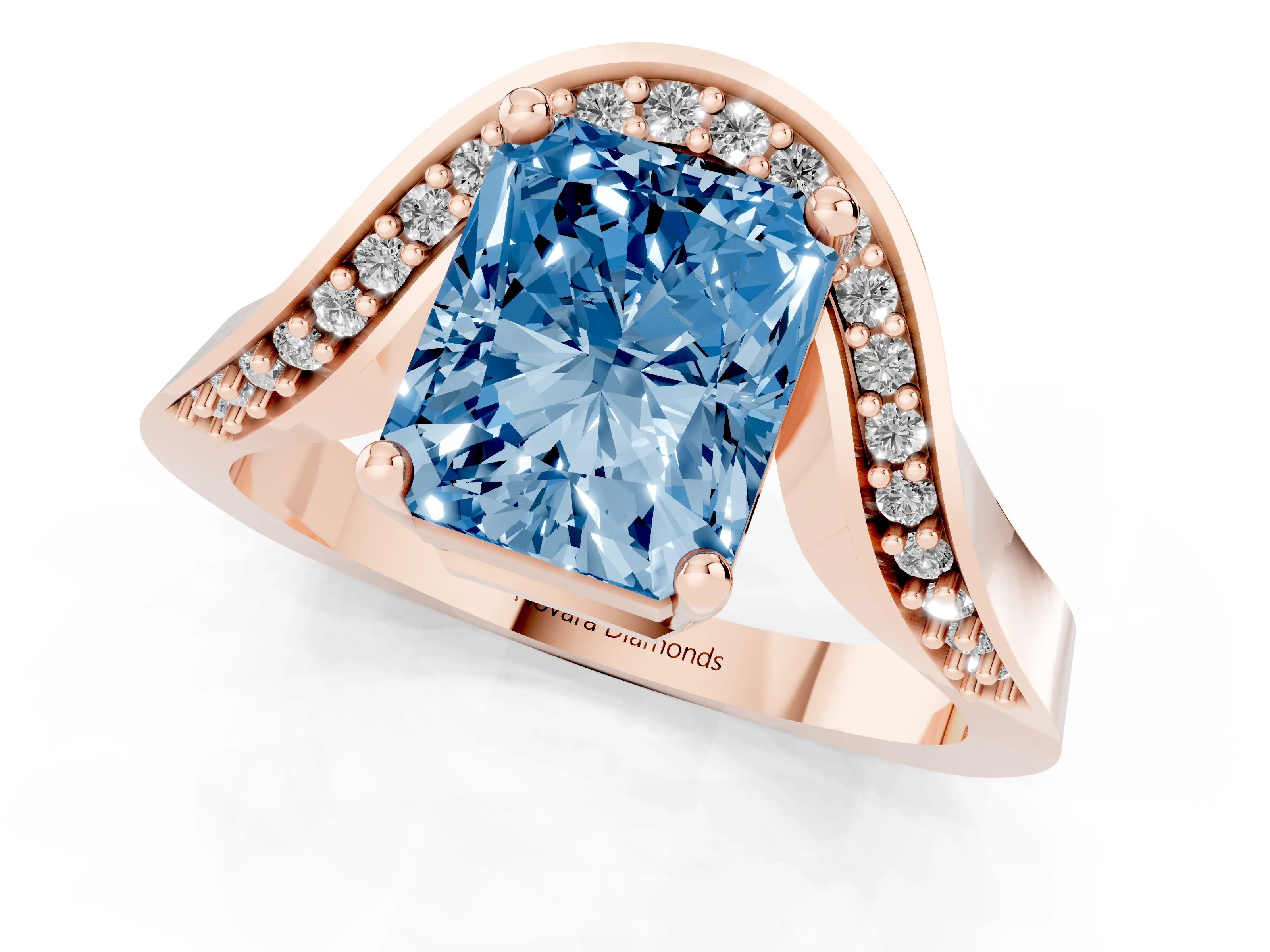 Fancy Blue Radiant Cut Diamond Solitaire Engagement Ring Set in Rose gold with Pavé Shoulders