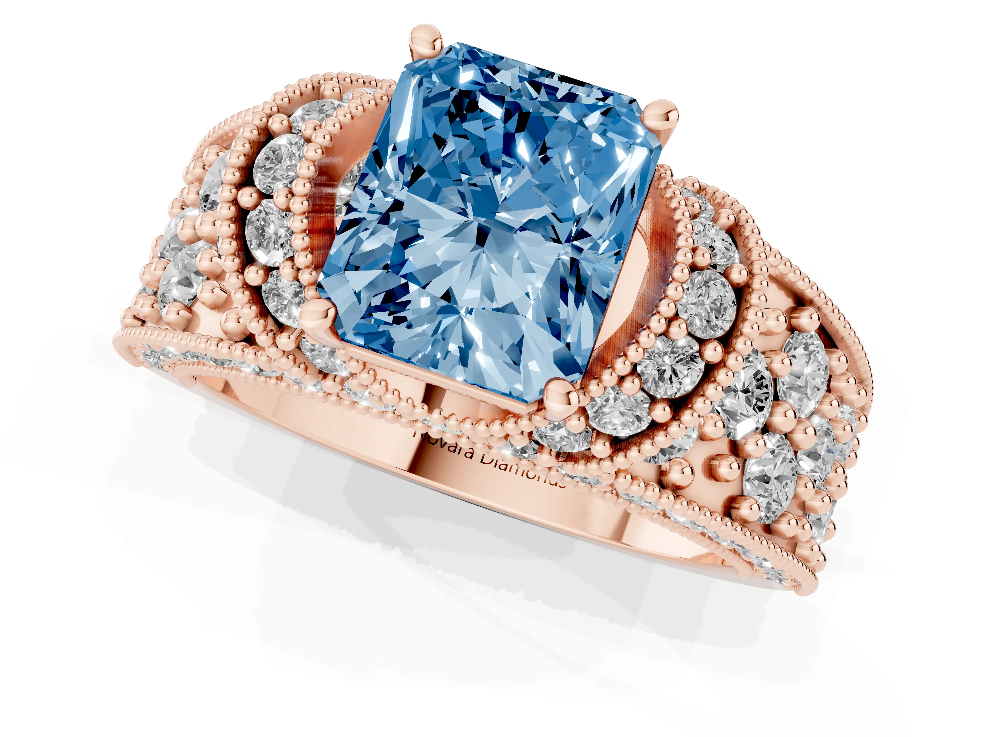 Fancy Blue Radiant Cut Diamond Milgrain Halo Pavé Engagement Ring Set in Rose gold with Prong Setting