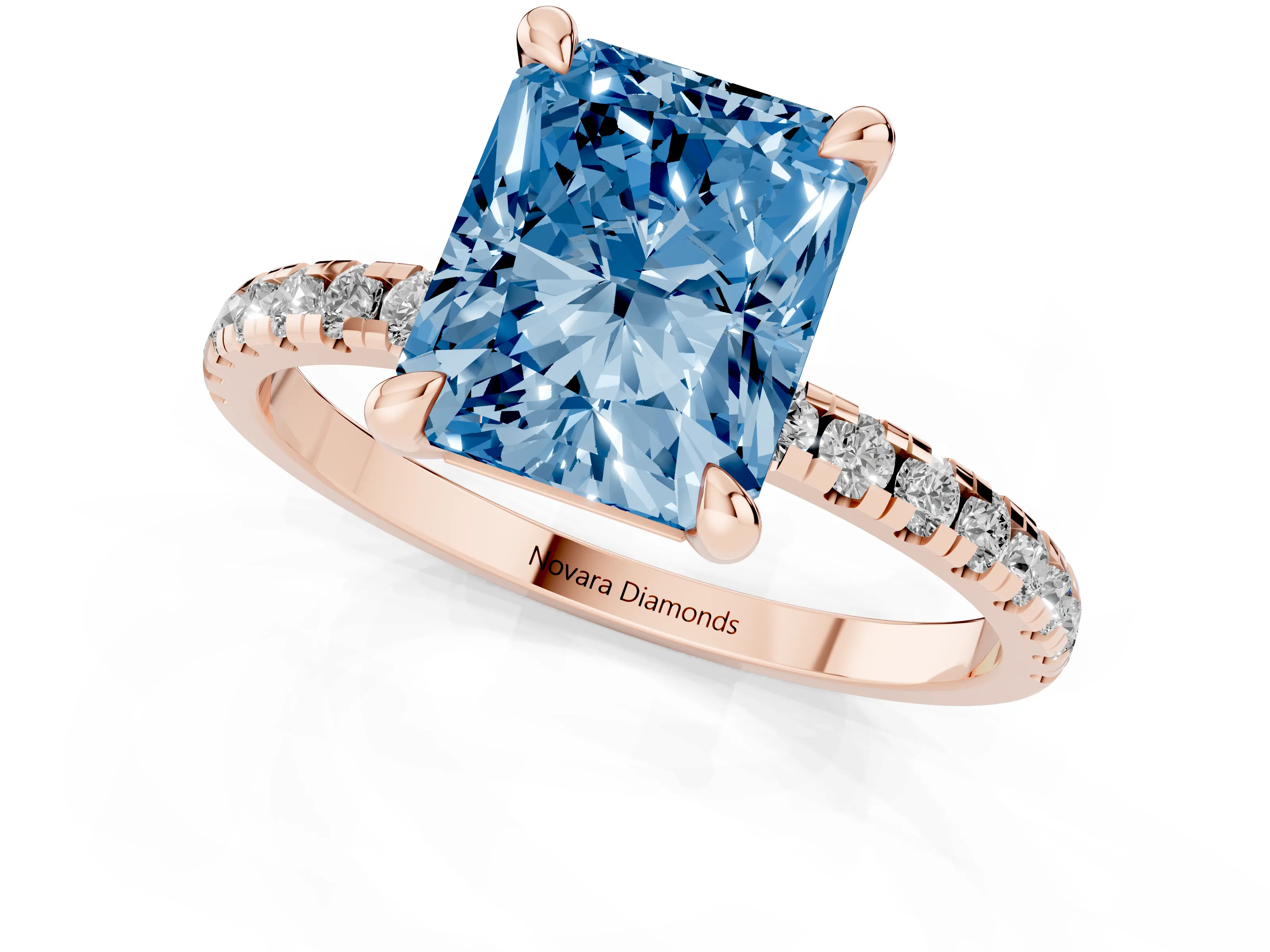 Fancy Blue Radiant Cut Diamond Brilliant Solitaire Ring Set in Rose gold with Pavé Band and Prong Setting