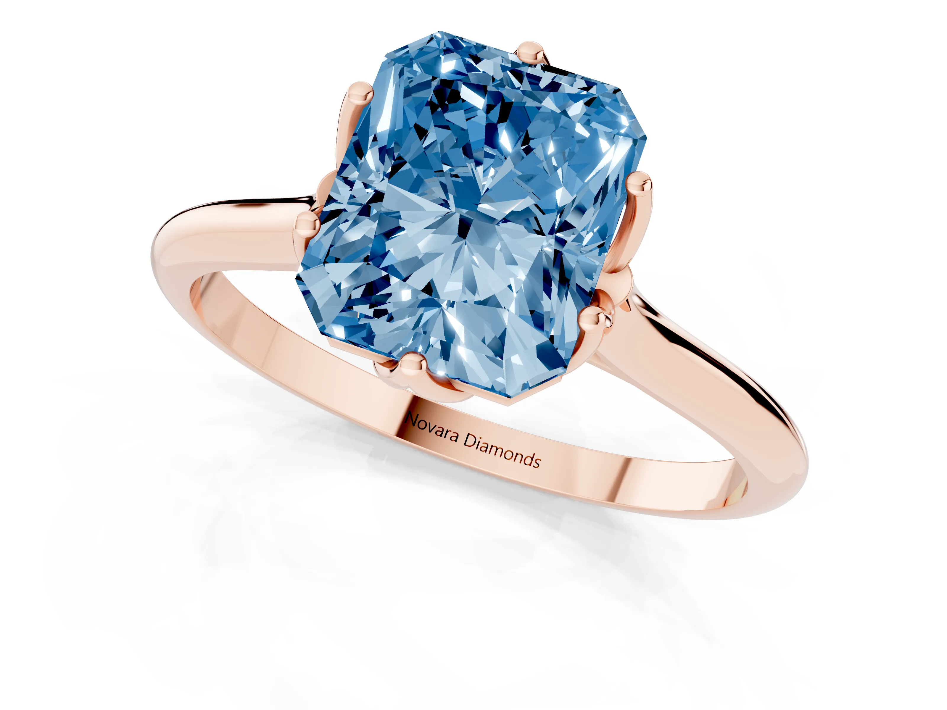 Fancy Blue Radiant Cut Diamond Solitaire Cathedral Ring Set in Rose gold with Prong Setting