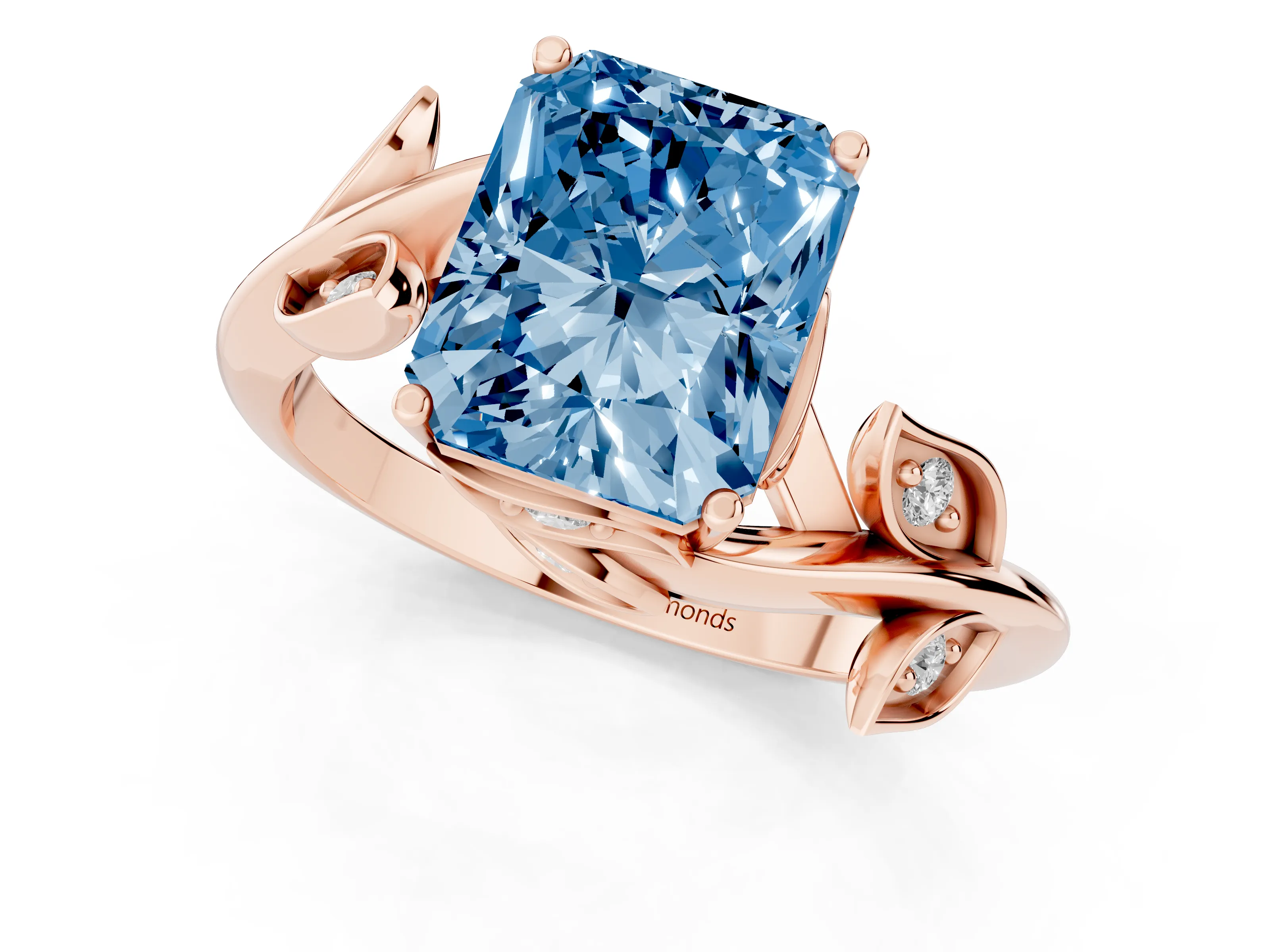 Fancy Blue Radiant Cut Diamond Solitaire Twist Engagement Ring Set in Rose gold with Pavé Leaf Accents