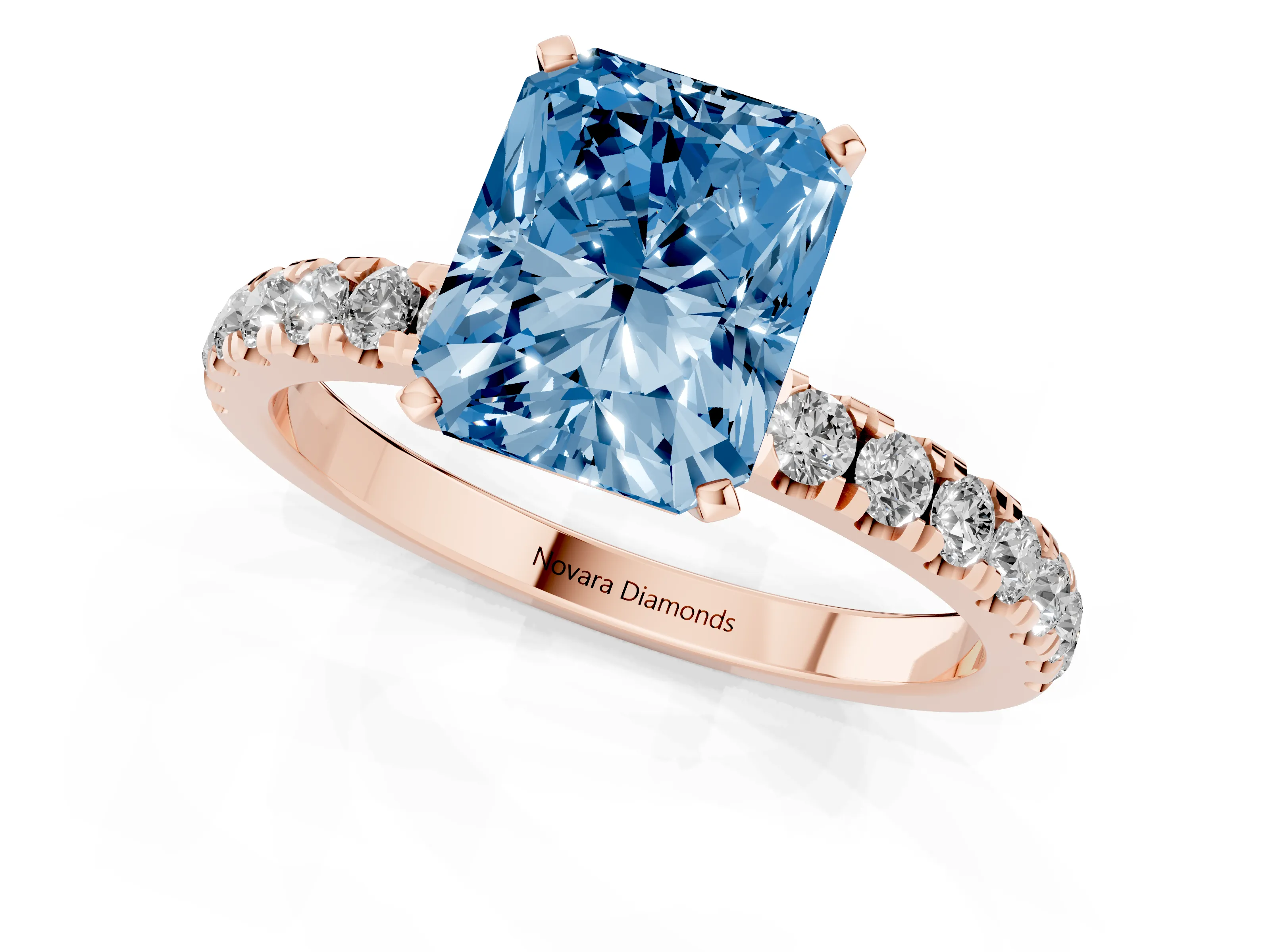 Fancy Blue Radiant Cut Diamond Solitaire Ring Set in Rose gold with Pavé Accents and Prong Setting