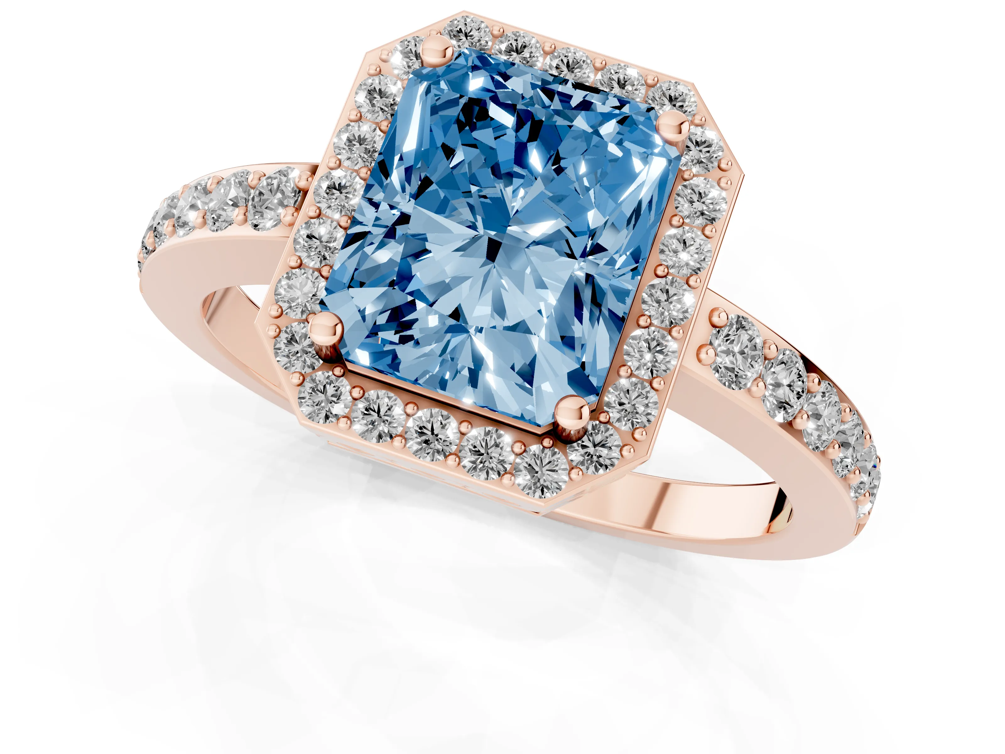 Fancy Blue Radiant Cut Diamond Halo Ring Set in Rose gold with Pavé-Setting Band and Open Prong Center