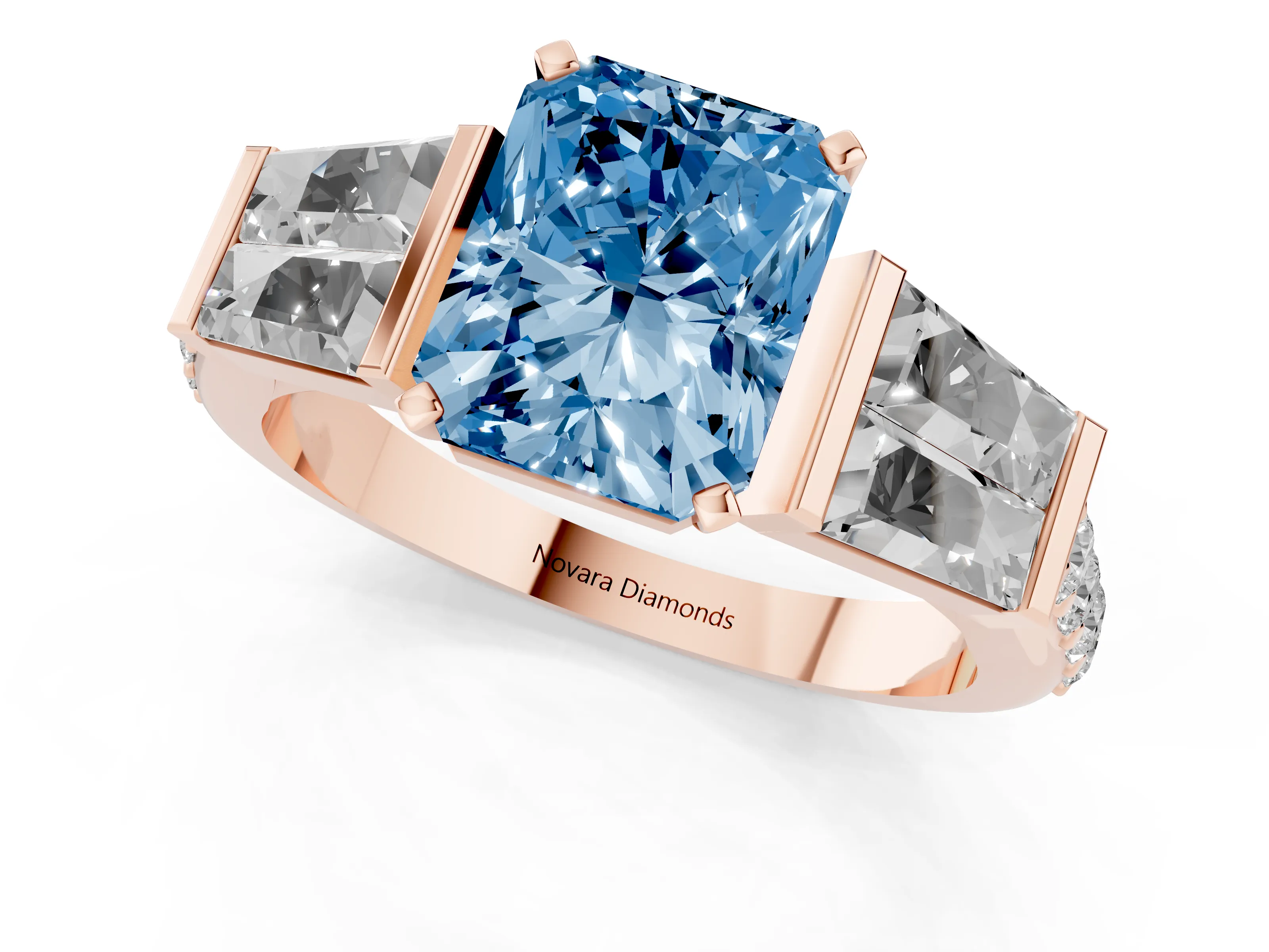 Fancy Blue Radiant Cut Diamond Engagement Ring Set in Rose gold with Baguette Side Stones and Channel Set Band