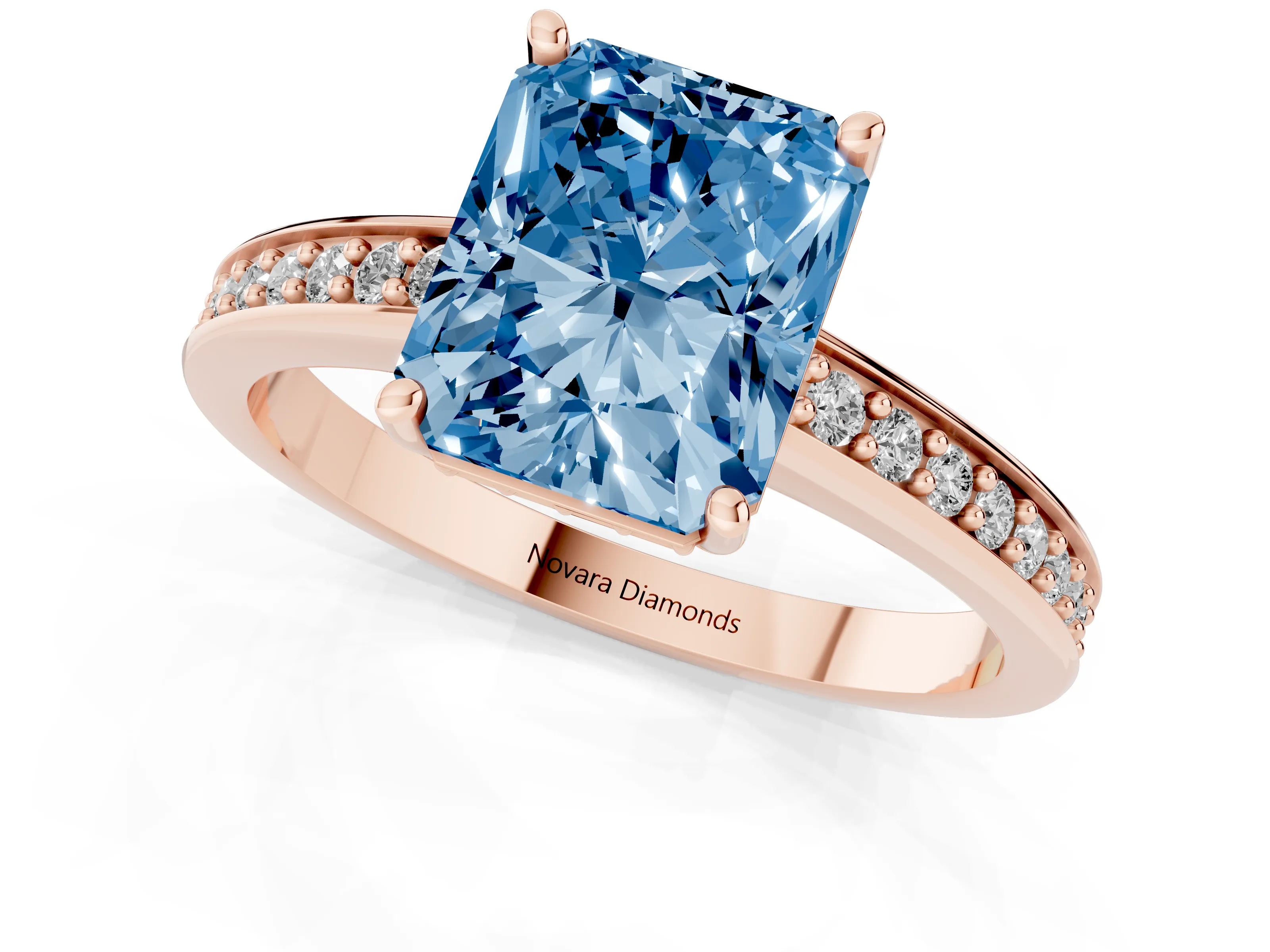 Fancy Blue Radiant Cut Diamond Pavé Band Prong Set Solitaire Ring Set in Rose gold