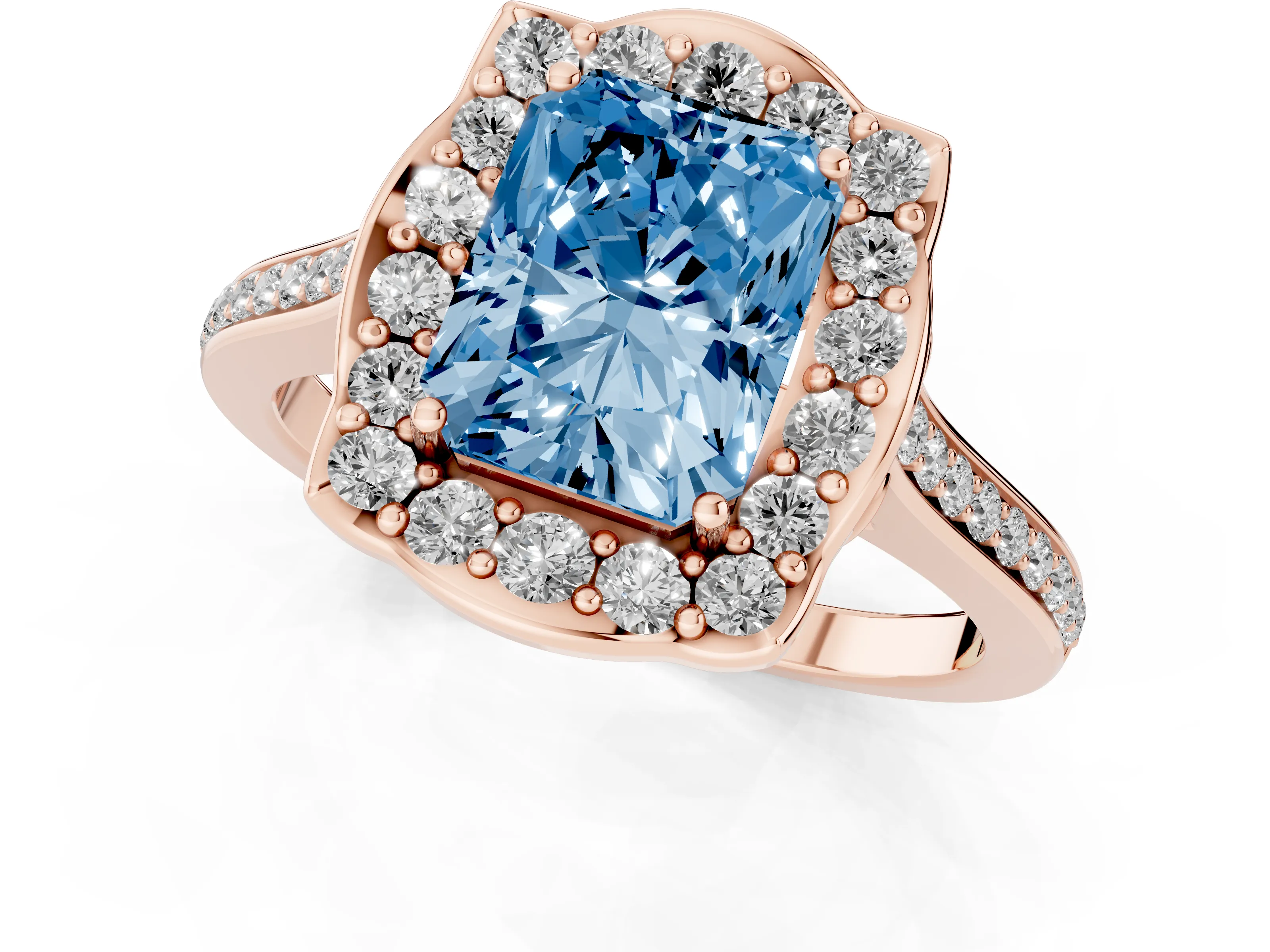 Fancy Blue Radiant Cut Diamond Halo Ring Set in Rose gold with Pavé-Lined Shoulders and Prong Setting