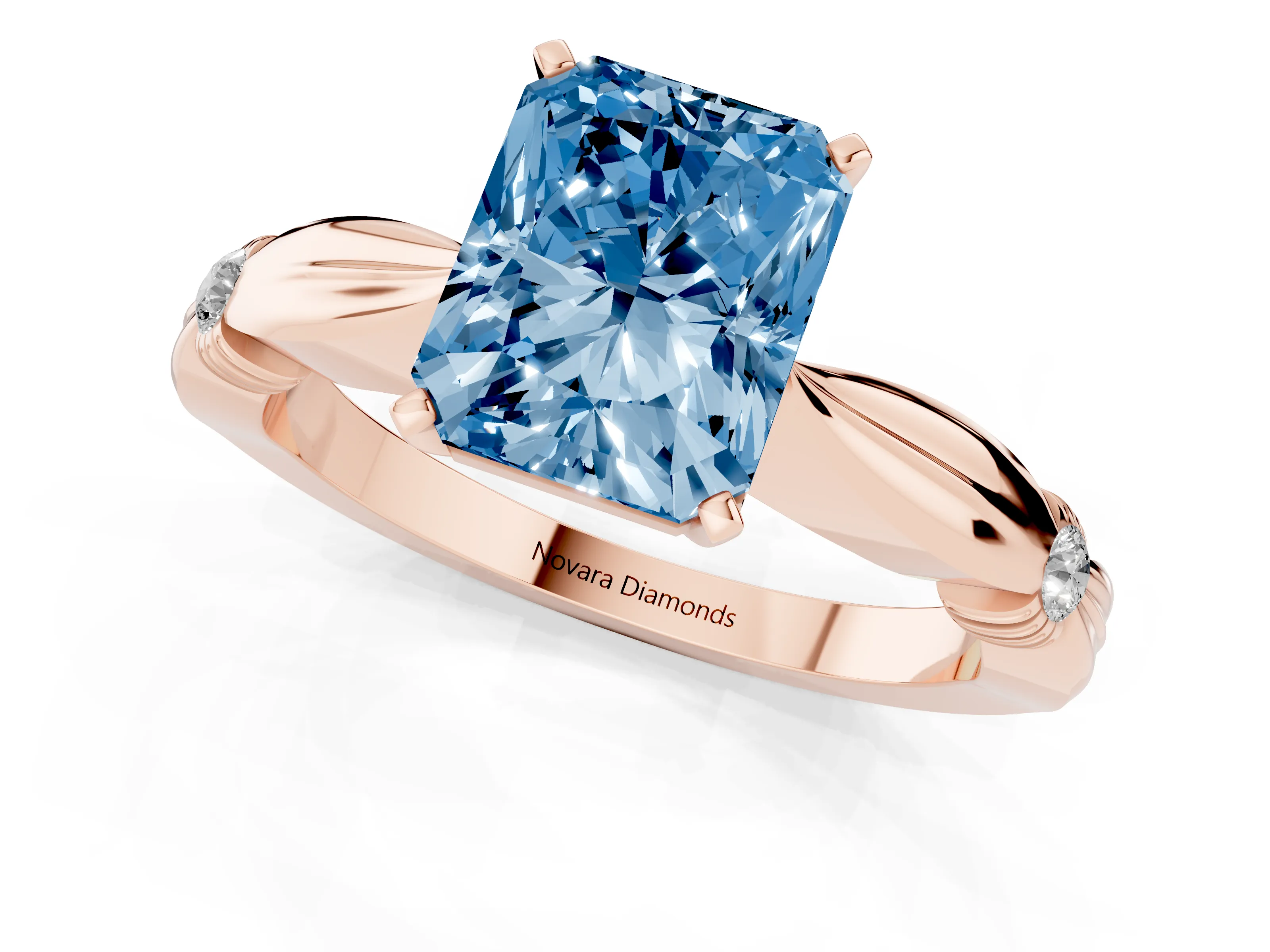 Fancy Blue Radiant Cut Diamond Solitaire Twisted Band Ring Set in Rose gold with Accent Stones and Prong Setting