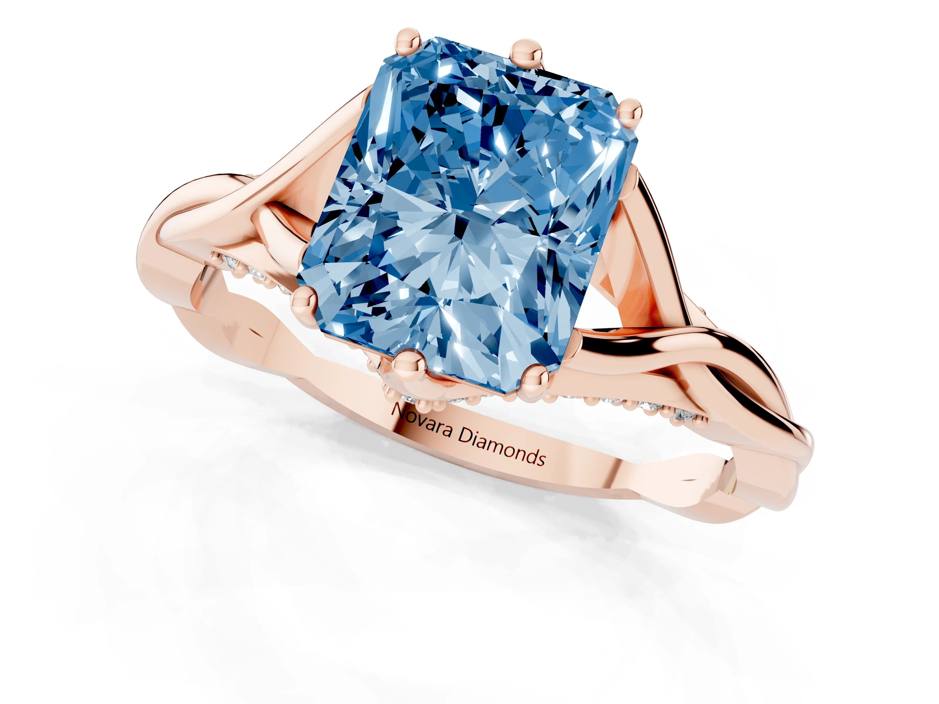 Fancy Blue Radiant Cut Diamond Intertwined Twist Band Solitaire Ring Set in Rose gold with Prong Setting
