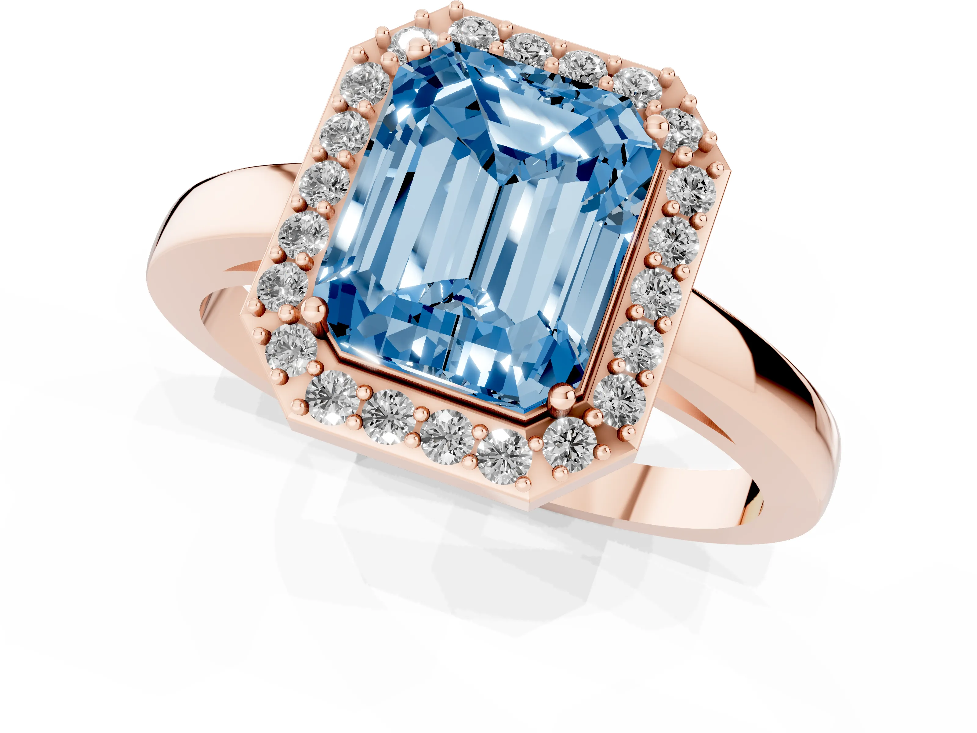 Fancy Blue Radiant Cut Diamond Halo Ring Set in Rose gold with Solitaire Band and Prong Setting