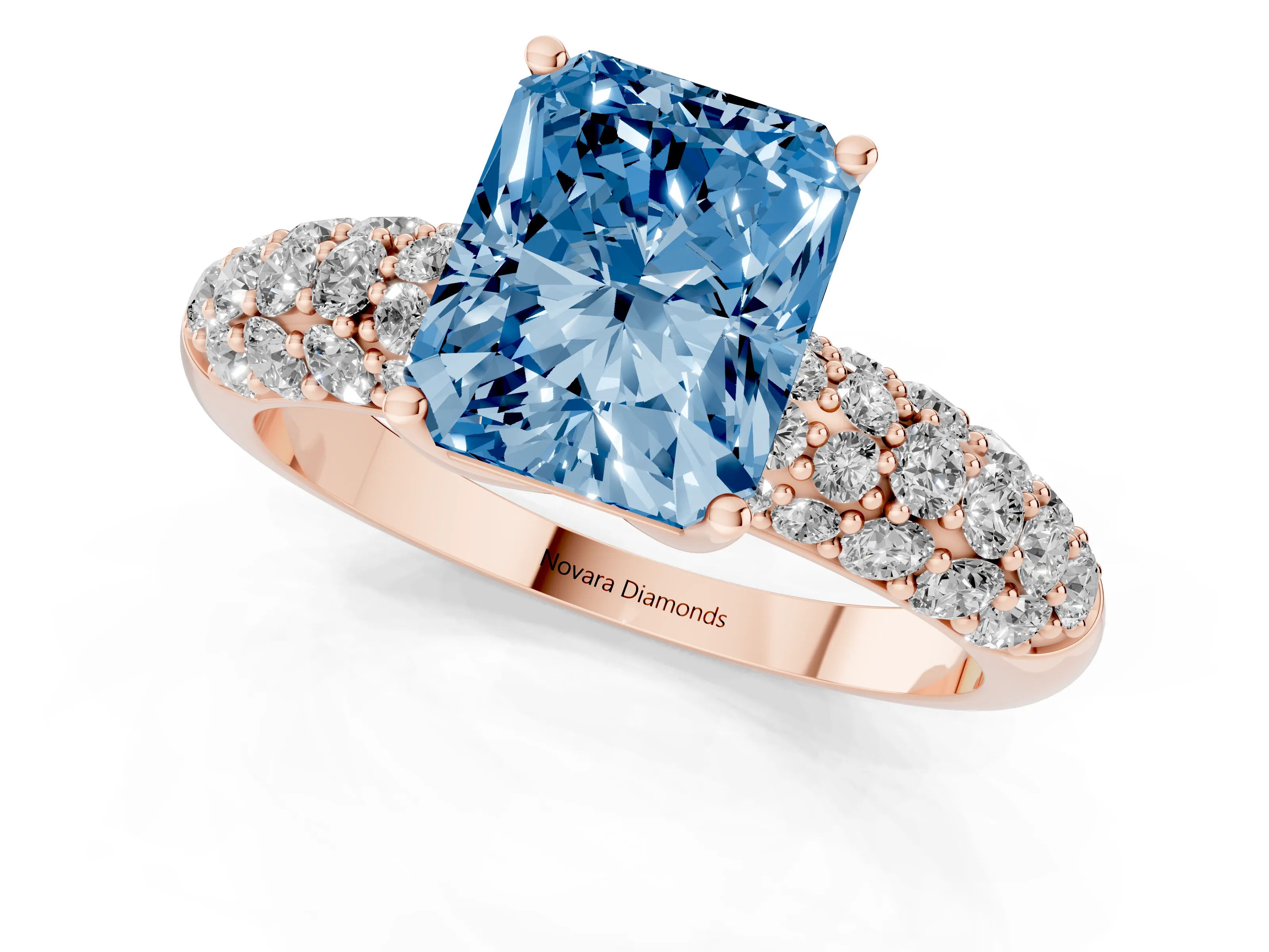 Fancy Blue Radiant Cut Diamond Pavé Band Solitaire Ring Set in Rose gold with Close-Set Accent Stones and Prong Setting
