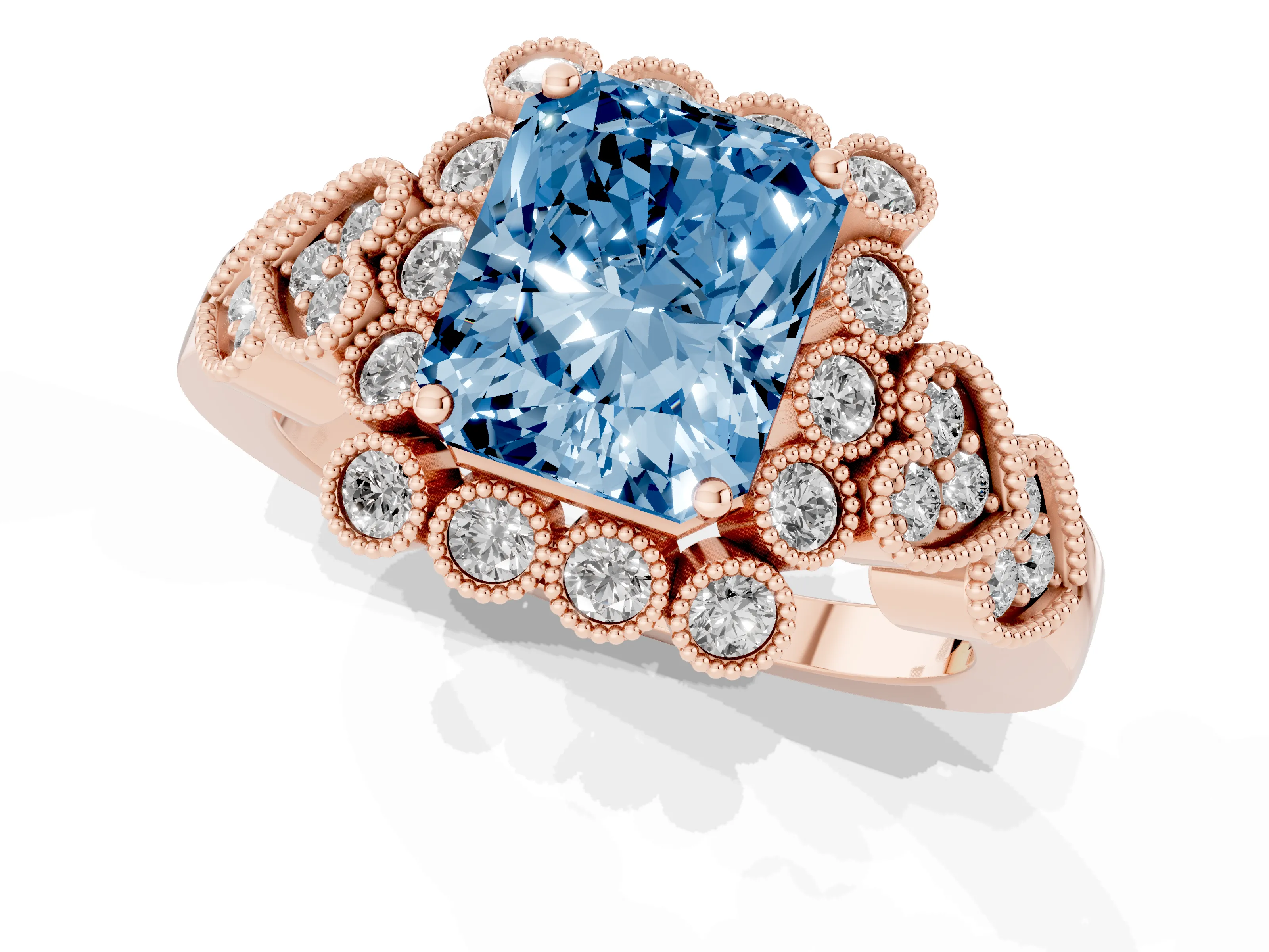 Fancy Blue Radiant Cut Diamond Solitaire Ring Set in Rose gold with Milgrain Pavé Heart Band