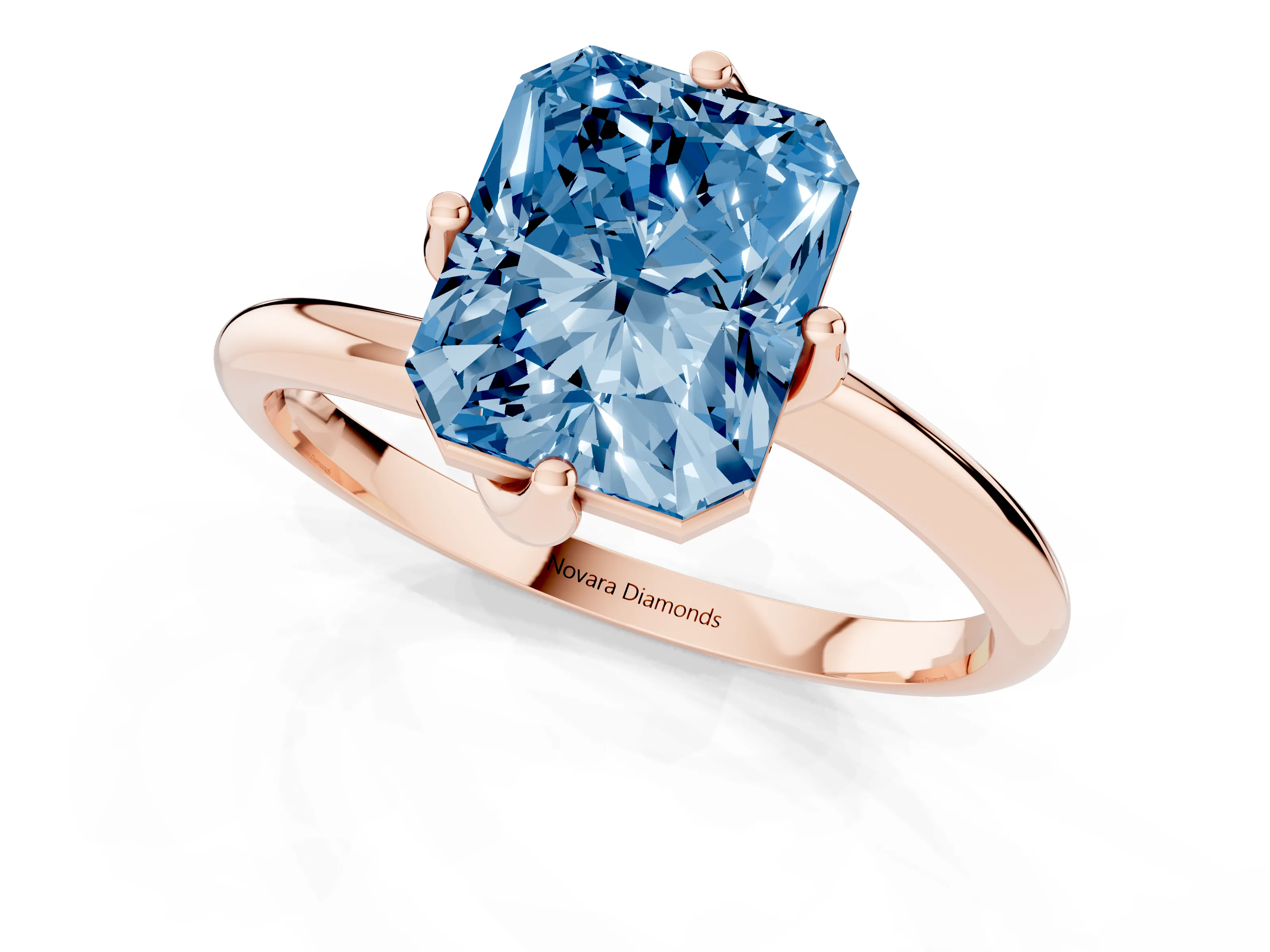 Fancy Blue Radiant Cut Diamond Solitaire Engagement Ring Set in Rose gold with Classic Plain Band