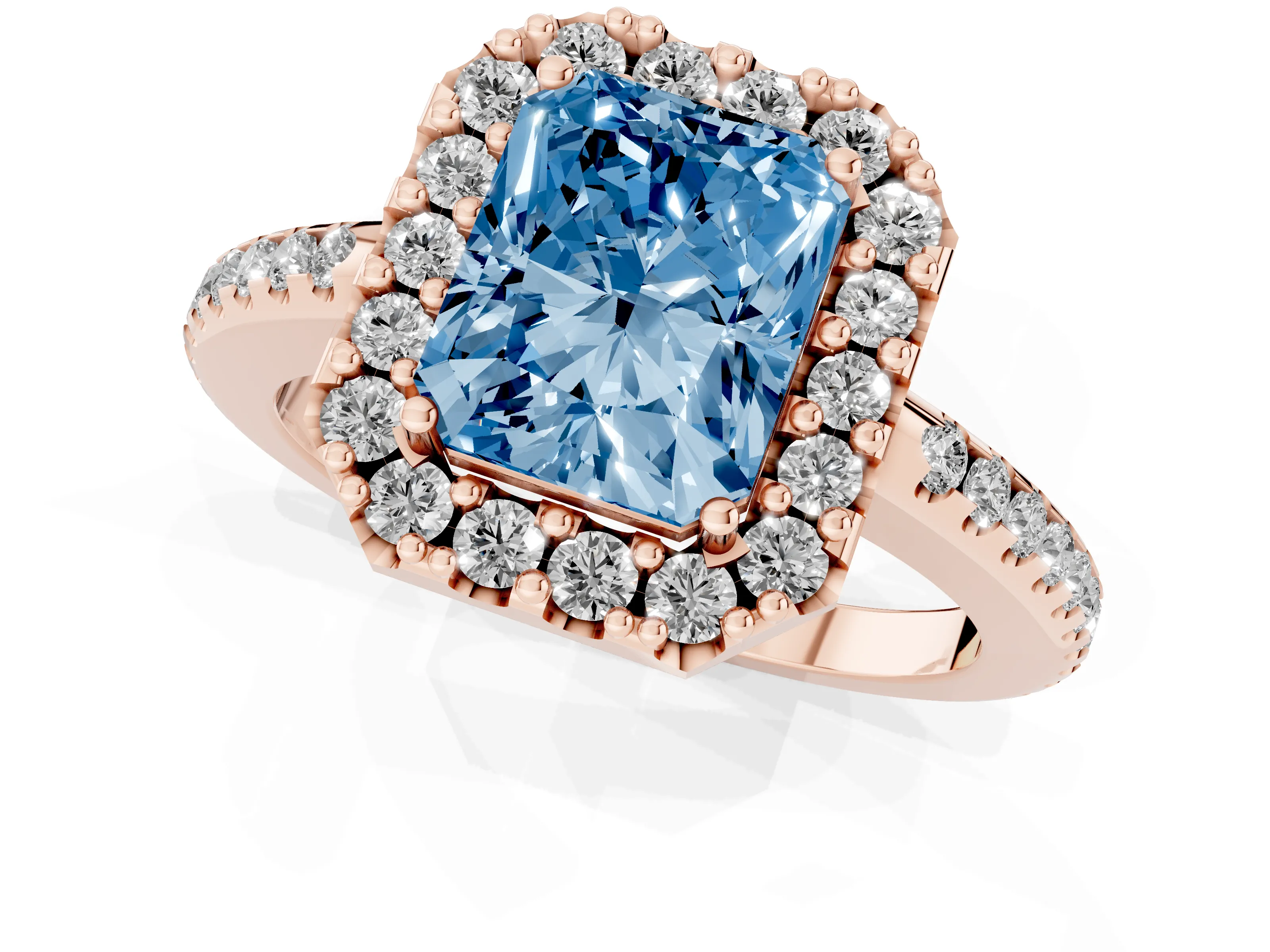 Fancy Blue Radiant Cut Diamond Pavé Halo Ring Set in Rose gold with Prong Setting