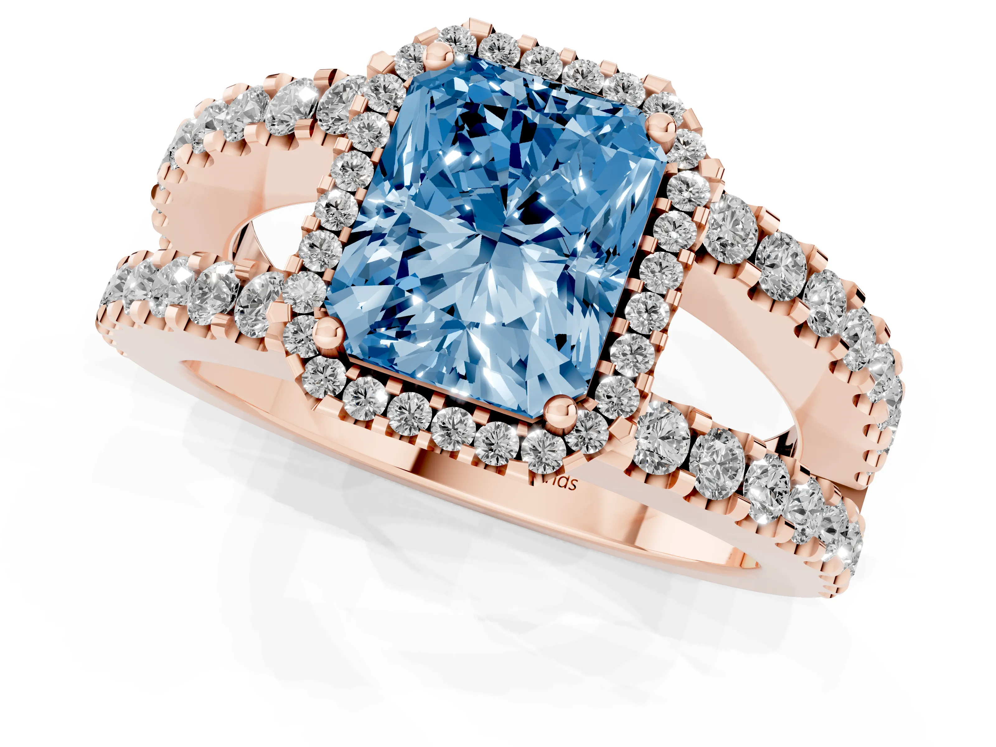 Fancy Blue Radiant Cut Diamond Halo Ring Set in Rose gold with Pavé Split Shank and Prong Setting