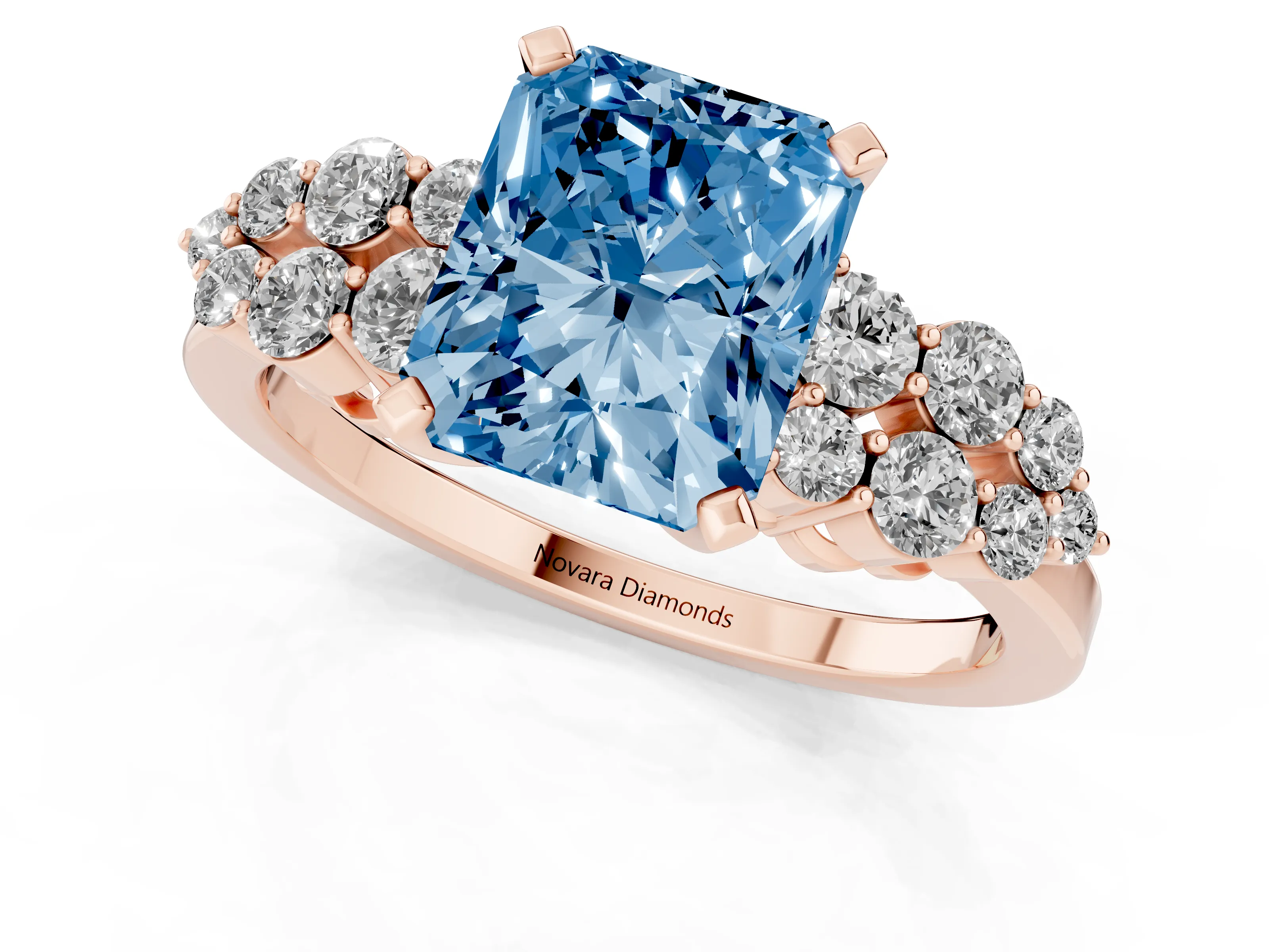 Fancy Blue Radiant Cut Diamond Cluster Engagement Ring Set in Rose gold with Pavé Band and Prong Setting