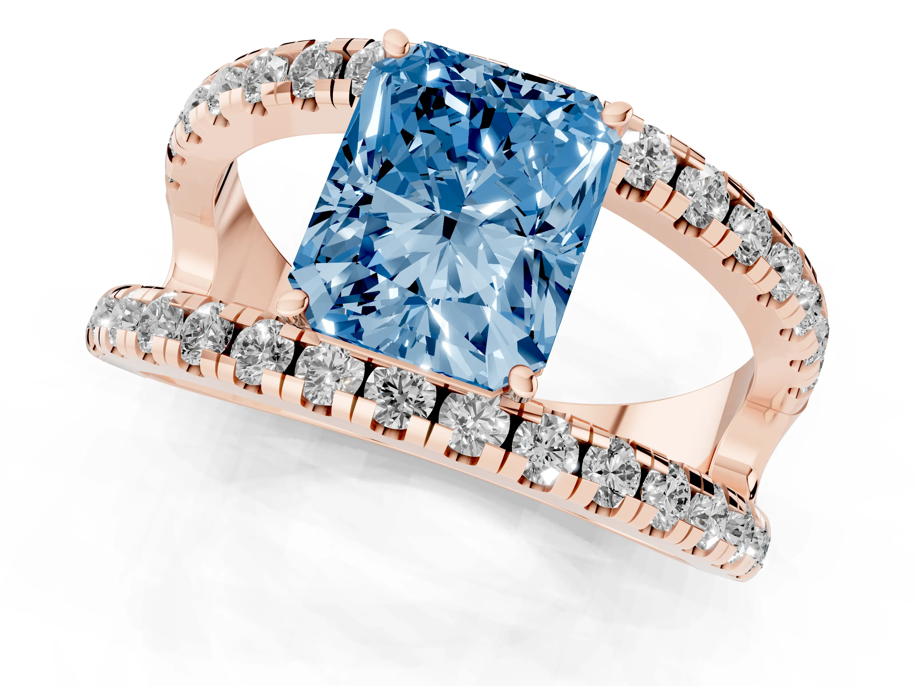 Fancy Blue Radiant Cut Diamond Split Shank Pavé Solitaire Ring Set in Rose gold with Open Shank Design