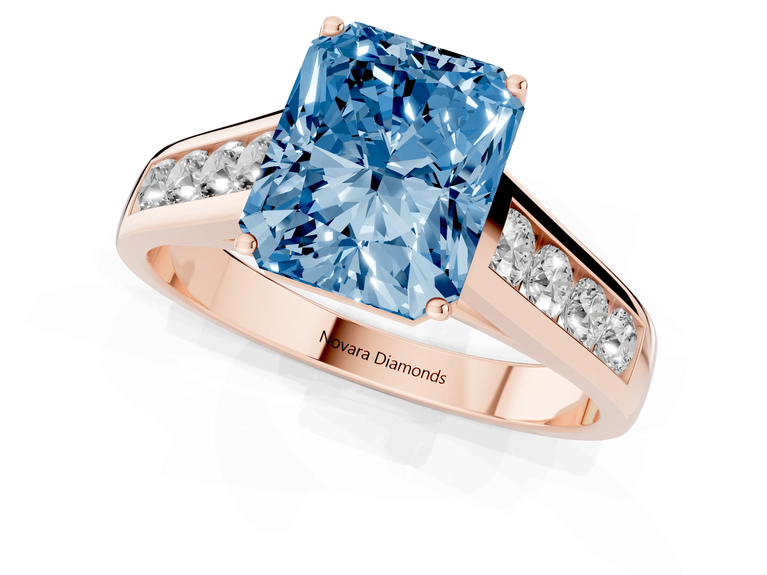 Fancy Blue Radiant Cut Diamond Brilliant Channel-Set Solitaire Ring Set in Rose gold with Prong Setting
