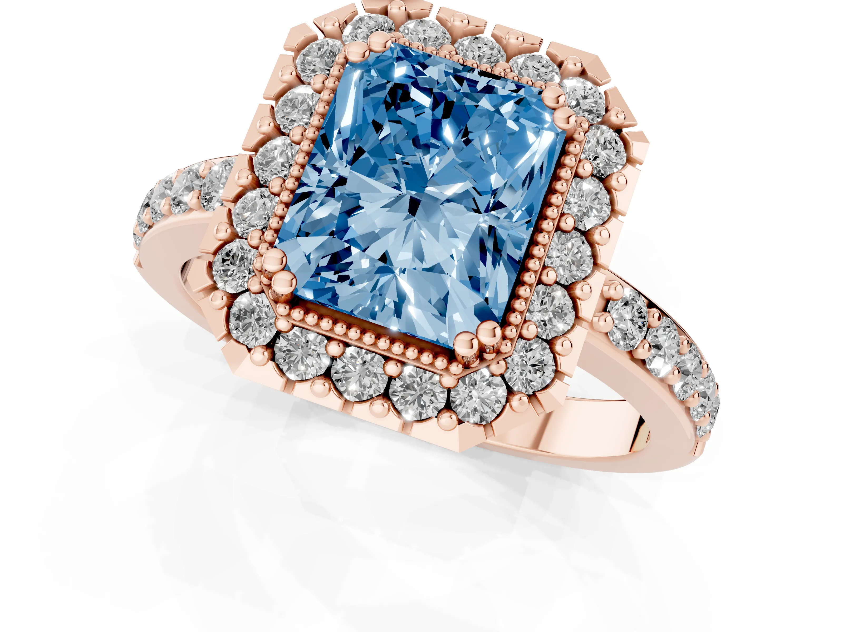 Fancy Blue Radiant Cut Diamond Halo Ring Set in Rose gold with Pavé Shank and Prong Setting