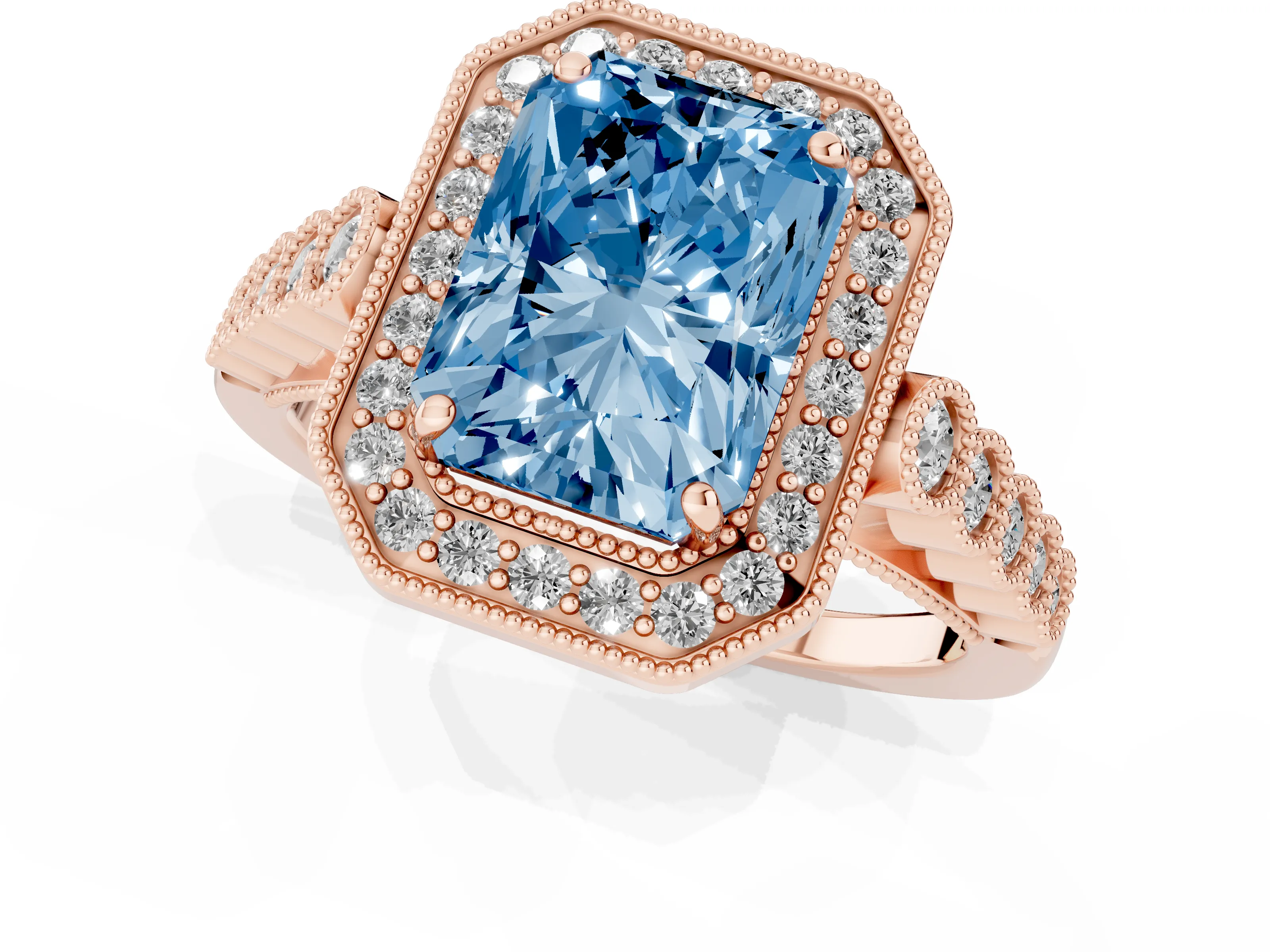 Fancy Blue Radiant Cut Diamond Milgrain Halo Solitaire Ring Set in Rose gold with Bezel Set Side Stones and Pavé Band