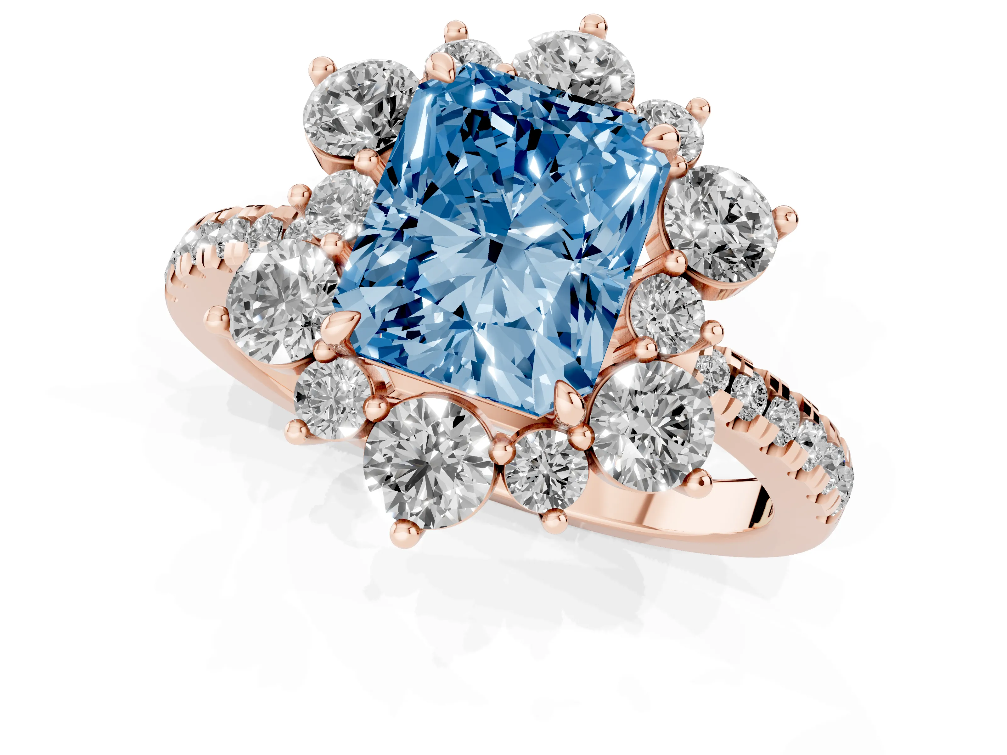 Fancy Blue Radiant Cut Diamond Floral Halo Ring Set in Rose gold with Round Pavé Band and Prong Setting
