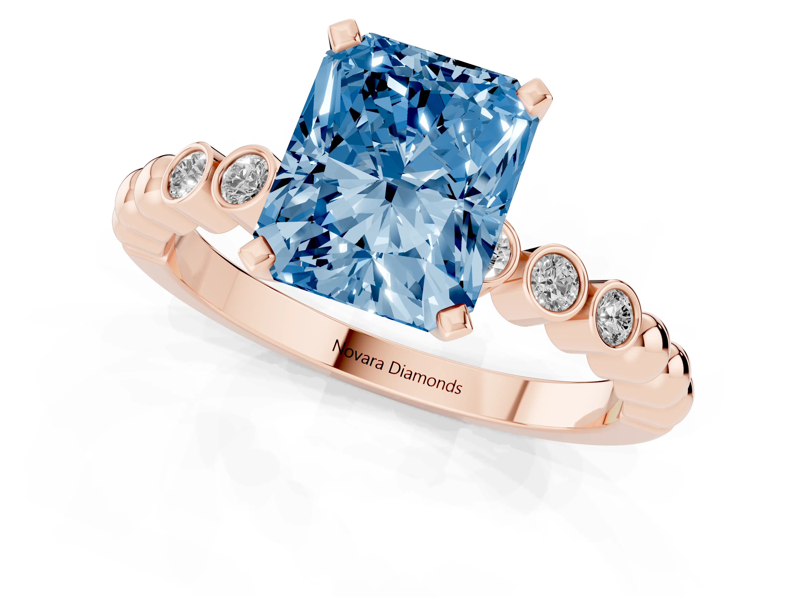 Fancy Blue Radiant Cut Diamond Solitaire Engagement Ring Set in Rose gold with Bezel Accents on Beaded Band – second view