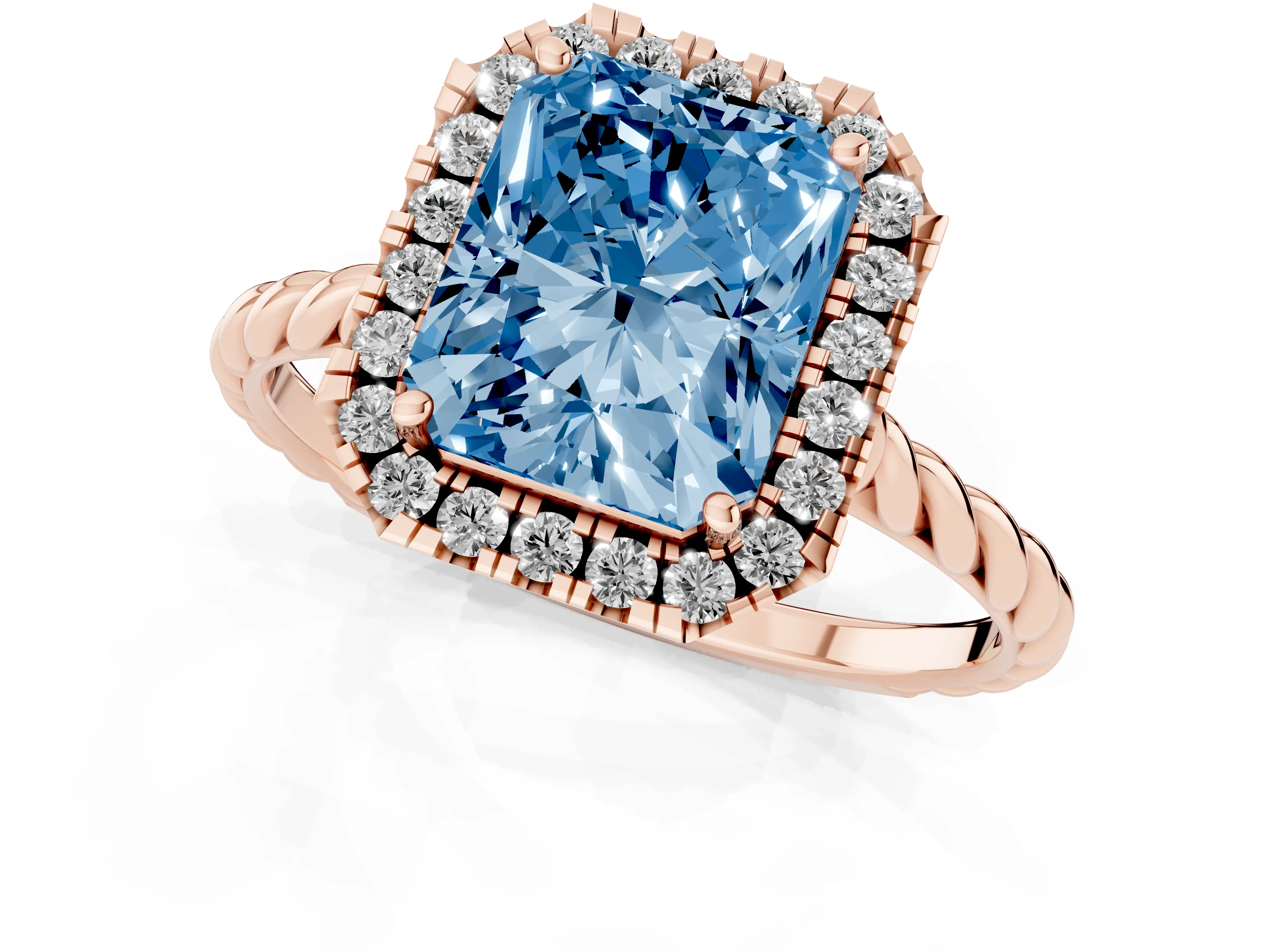 Fancy Blue Radiant Cut Diamond Halo Ring Set in Rose gold with Plain Twisted Band