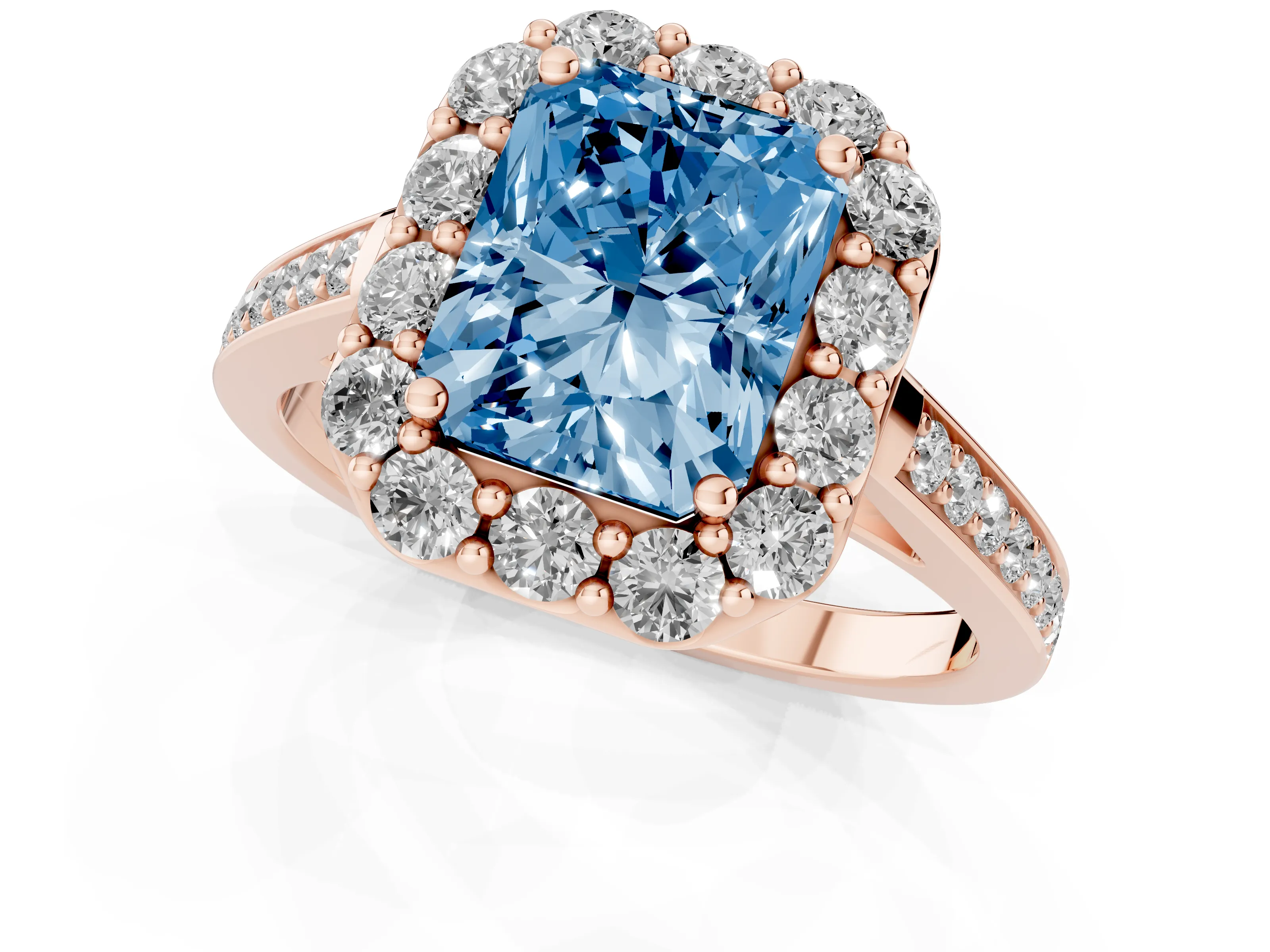 Fancy Blue Radiant Cut Diamond Floral Halo Ring Set in Rose gold with Pavé Band and Prong Setting